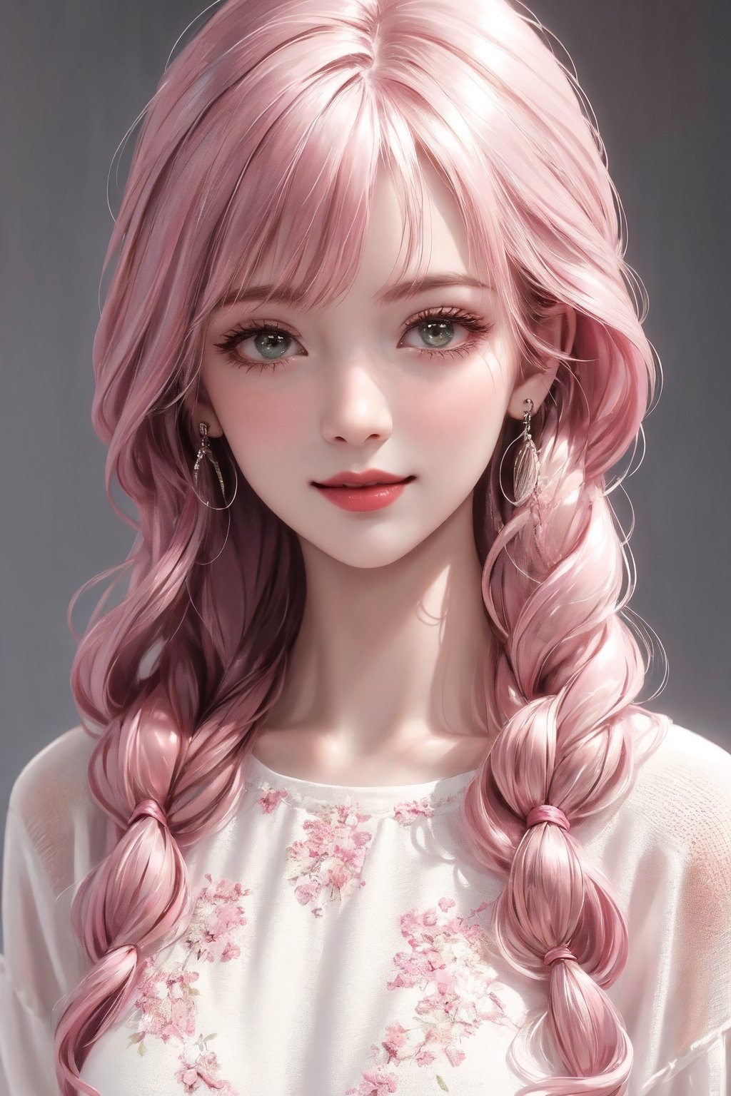 (((realistic))), Best picture quality, high resolution, 8k, realistic, sharp focus, realistic image of elegant lady, supermodel, Girl with spiral hair, pink hair, long bangs, thick sweater, green eyes, Smirk, (high quality:1.0) (white background:0.8), detailed face, (blush:0.8), 1 girl,Young beauty spirit, ZGirl, perfect light, Detailedface,1 girl, big eyes, eye shadow ,SharpEyess, 
,perfecteyes eyes ,Smirk,Detailedface, perfect light,ZGirl,photo of perfecteyes eyes, tight lace dress