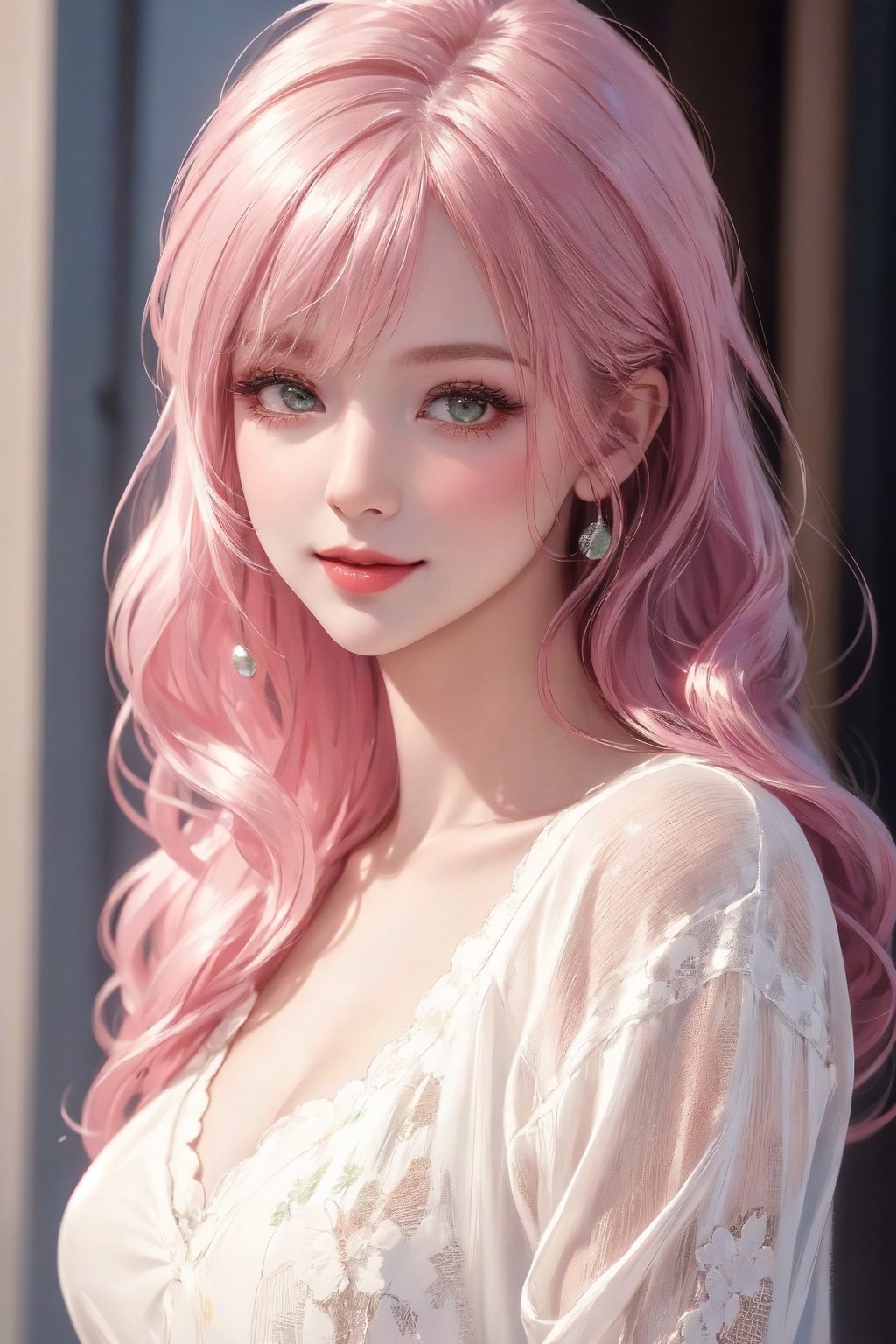 (((realistic))), Best picture quality, high resolution, 8k, realistic, sharp focus, realistic image of elegant lady, supermodel, Girl with spiral hair, pink hair, long bangs, thick sweater, green eyes, Smirk, (high quality:1.0) (white background:0.8), detailed face, (blush:0.8), 1 girl,Young beauty spirit, ZGirl, perfect light, Detailedface,1 girl, big eyes, eye shadow ,SharpEyess, 
,perfecteyes eyes ,Smirk,Detailedface, perfect light,ZGirl,photo of perfecteyes eyes, tight lace dress