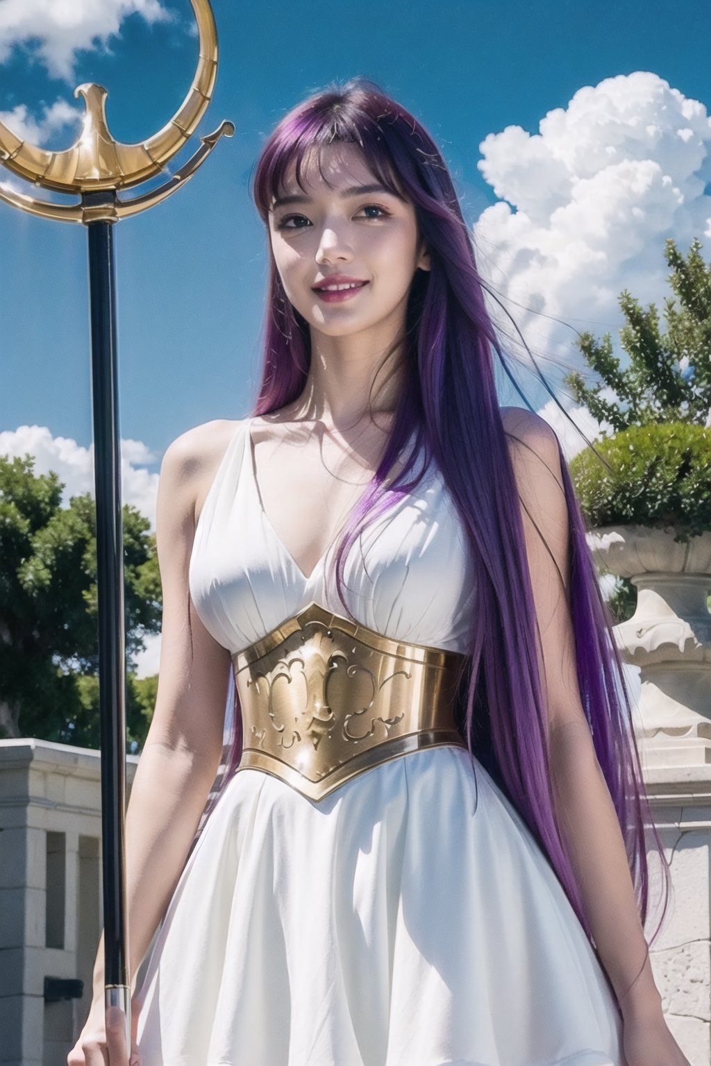 ((best quality)), ((highly detailed)), masterpiece, ((official art)),(cowboy shot), saori, purple hair, long hair, blue eyes, (staff), holding staff, smile, lips, white dress, ,sleeveless, bare, bare_shoulder, cleavage, collarbone, ,best quality, masterpiece, intricate details, scenary, outdoors, flower, tree, day, cloud,trending on Artstation