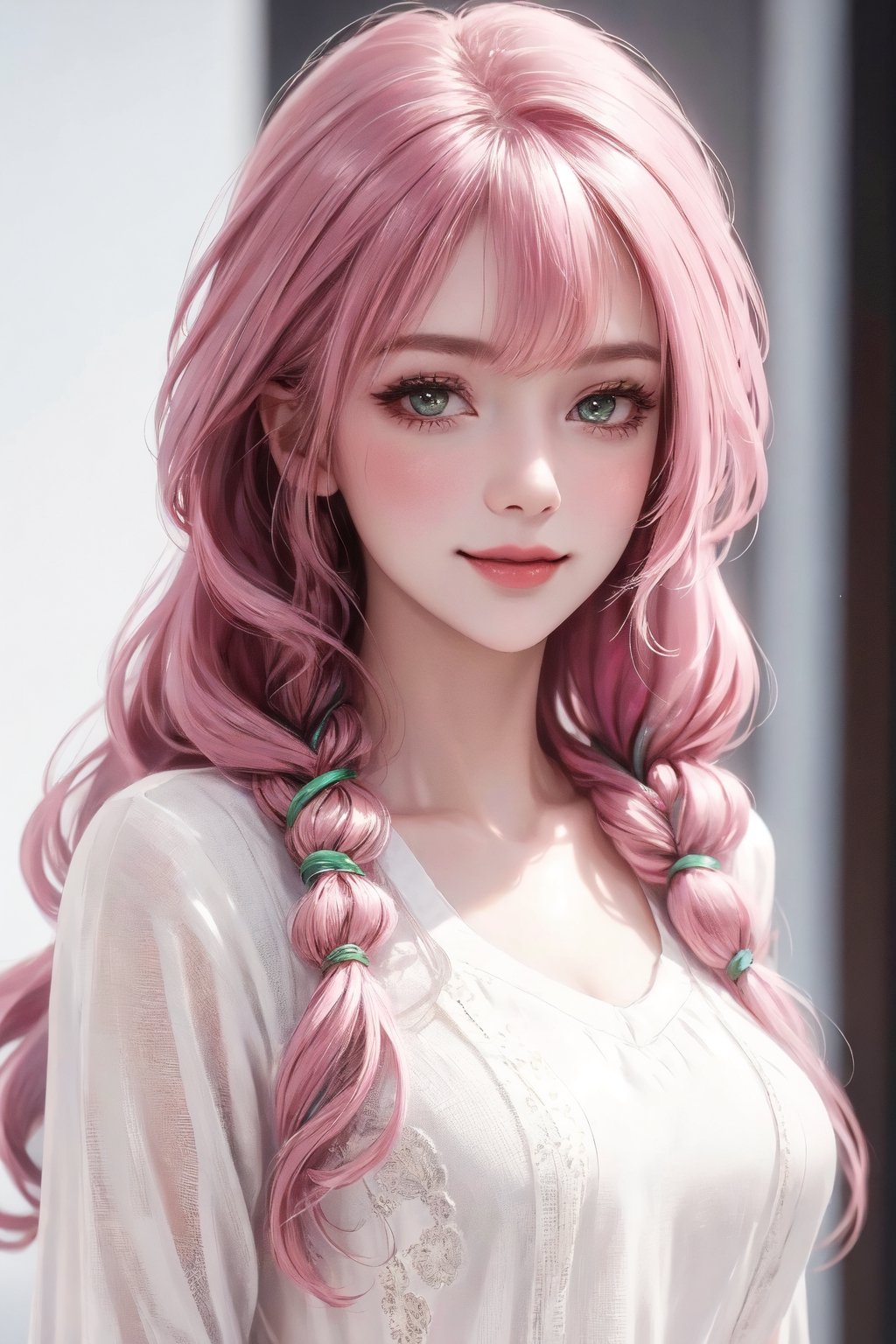 (((realistic))), Best picture quality, high resolution, 8k, realistic, sharp focus, realistic image of elegant lady, supermodel, Girl with spiral hair, pink hair, long bangs, thick sweater, green eyes, Smirk, (high quality:1.0) (white background:0.8), detailed face, (blush:0.8), 1 girl,Young beauty spirit, ZGirl, perfect light, Detailedface,1 girl, big eyes, eye shadow ,SharpEyess, 
,perfecteyes eyes ,Smirk,Detailedface, perfect light,ZGirl,photo of perfecteyes eyes, tight lace dress