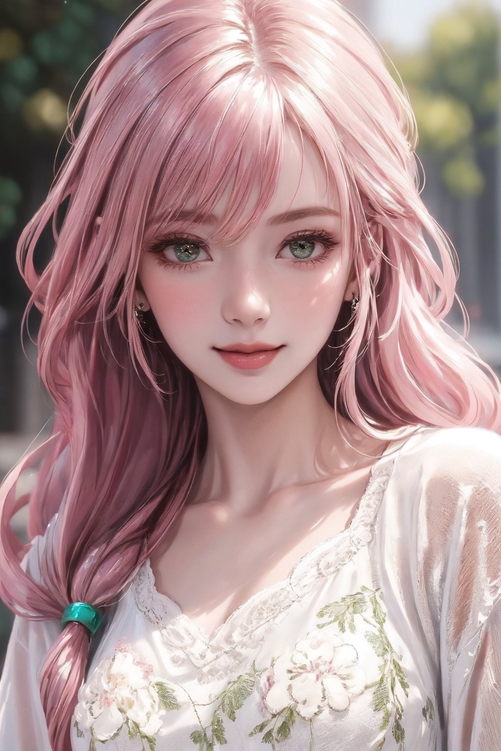 (((realistic))), Best picture quality, high resolution, 8k, realistic, sharp focus, realistic image of elegant lady, supermodel, Girl with spiral hair, pink hair, long bangs, thick sweater, green eyes, Smirk, (high quality:1.0) (white background:0.8), detailed face, (blush:0.8), 1 girl,Young beauty spirit, ZGirl, perfect light, Detailedface,1 girl, big eyes, eye shadow ,SharpEyess, 
,perfecteyes eyes ,Smirk,Detailedface, perfect light,ZGirl,photo of perfecteyes eyes, tight lace dress