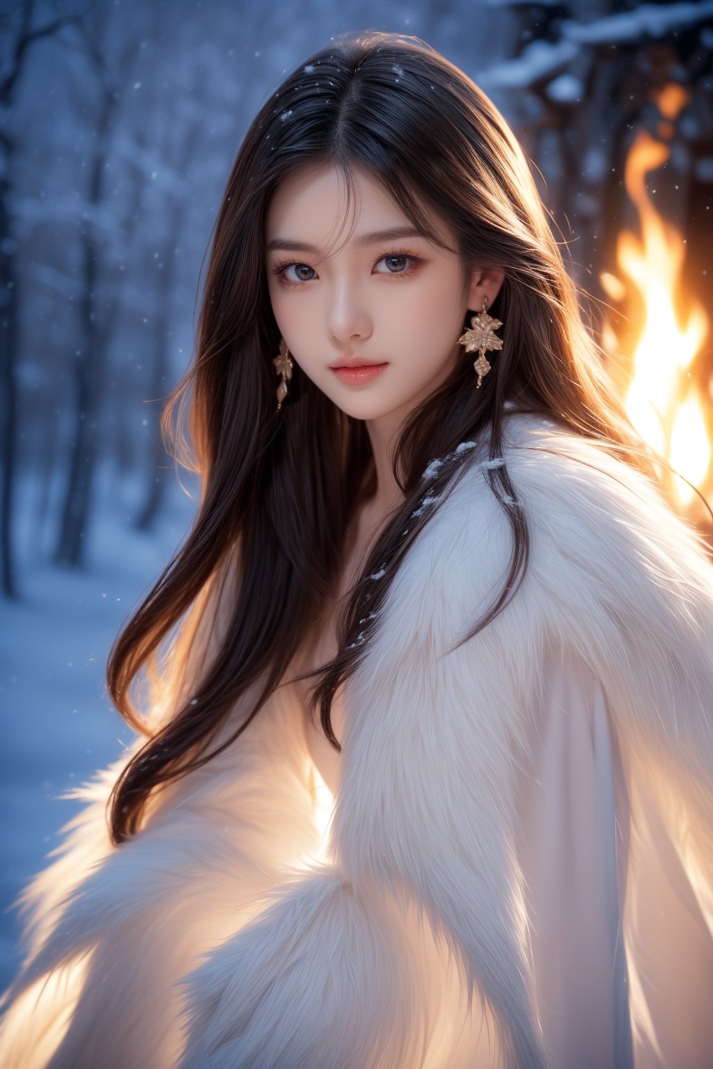 background is night,snow covered forest,wild forest,snow storm,bonfire,a hunter,
20 yo, 1 girl, beautiful korean girl,sit behind of bonfire,warm at the fire,
wearing hunter cloth(brown fur),cape, smile, solo, {beautiful and detailed eyes}, dark eyes, calm expression, delicate facial features, ((model pose)), Glamor body type, (dark hair:1.2), simple tiny earrings, flim grain, realhands, masterpiece, Best Quality, 16k, photorealistic, ultra-detailed, finely detailed, high resolution, perfect dynamic composition, beautiful detailed eyes, eye smile, ((nervous and embarrassed)), sharp-focus, full_body, cowboy_shot,