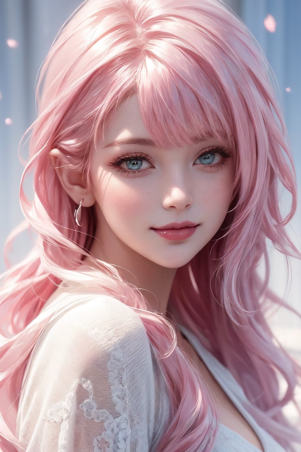 (((realistic))), Best picture quality, high resolution, 8k, realistic, sharp focus, realistic image of elegant lady, supermodel, Girl with spiral hair, pink hair, long bangs, thick sweater, green eyes, Smirk, (high quality:1.0) (white background:0.8), detailed face, (blush:0.8), 1 girl,Young beauty spirit, perfect light, Detailedface,1 girl, big eyes, eye shadow ,SharpEyess, 
,perfecteyes eyes ,Smirk,Detailedface, perfect light,ZGirl,photo of perfecteyes eyes, tight lace dress