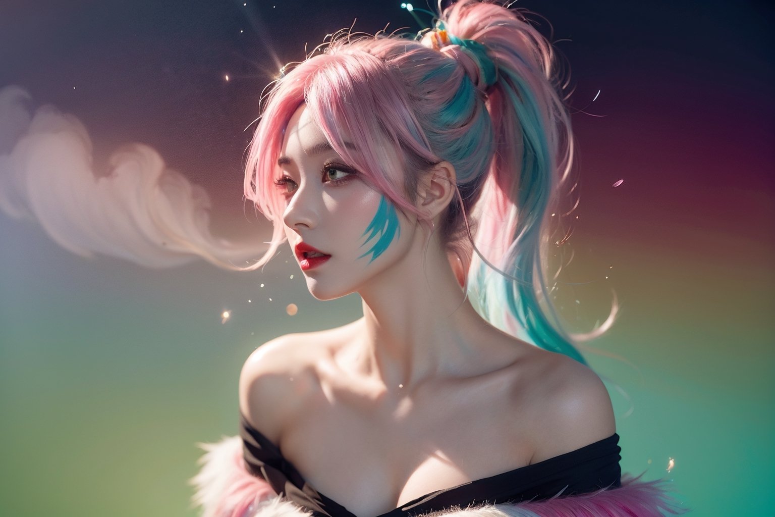 A girl, face, rainbow hair, whole body, colorful hair, (half blue and half pink hair), gradient green, red lips, delicate facial features, ink painting, colorful background, splash wall, highest image quality, highest quality, smooth hair , ponytail, masterpiece, solo, depth of field, cute girl with delicate moist skin, solo, (mist), off-shoulder, short skirt, face paint, casual clothes, texture, shoulders, pattern, gradient, glitter, floating clouds , exquisite CG, exquisite and beautiful facial features, gorgeous highlights, crystal clear, elegant sparks, ink flames, stunning, charming, sparkling, perfect, ultra-clear, 16k,