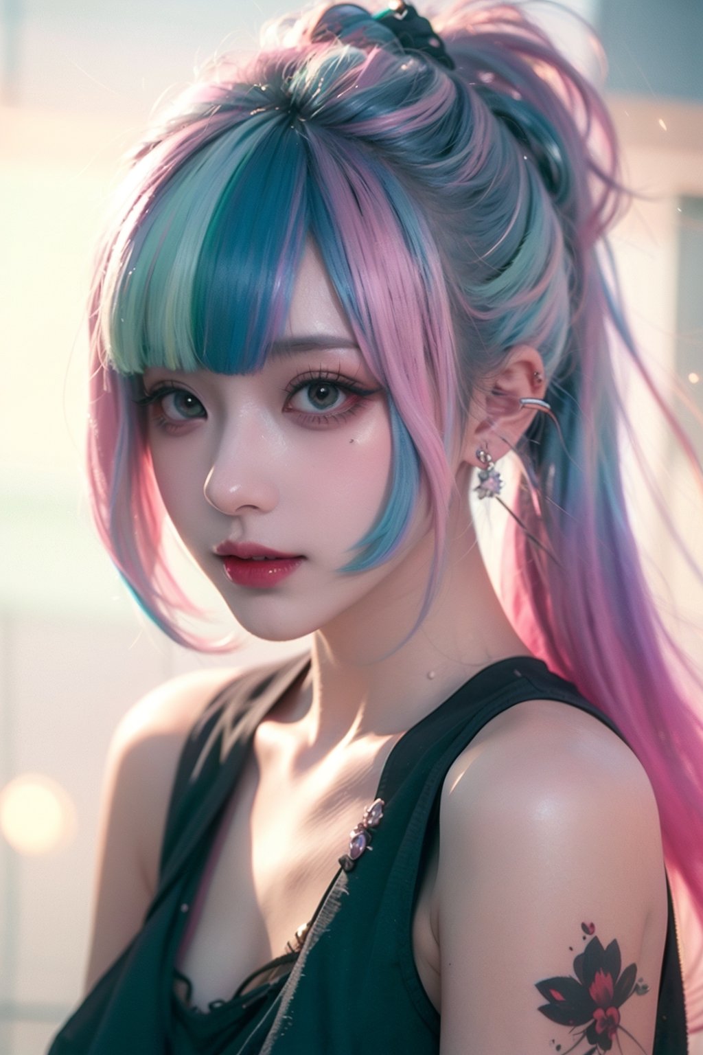 A girl, face, rainbow color hair, upper_body, colorful hair, (half blue and half pink hair), gradient green, red lips, delicate facial features, ink paiting, colorfull background, splashed ink wall,
The highest picture quality, the highest quality, smooth hair, ponytail, masterpiece, solo, depth of field, cute girl with delicate and moist skin, solo, (mist), paint on the face, random clothes, texture,
 Shoulder, patterned, gradient, sparkling, floating clouds, exquisite CG, exquisite and beautiful facial features, gorgeous highlights, crystal clear, floating sparks, ink liquid flame, stunning, charming, sparkling, perfect, super Clear, 16k,