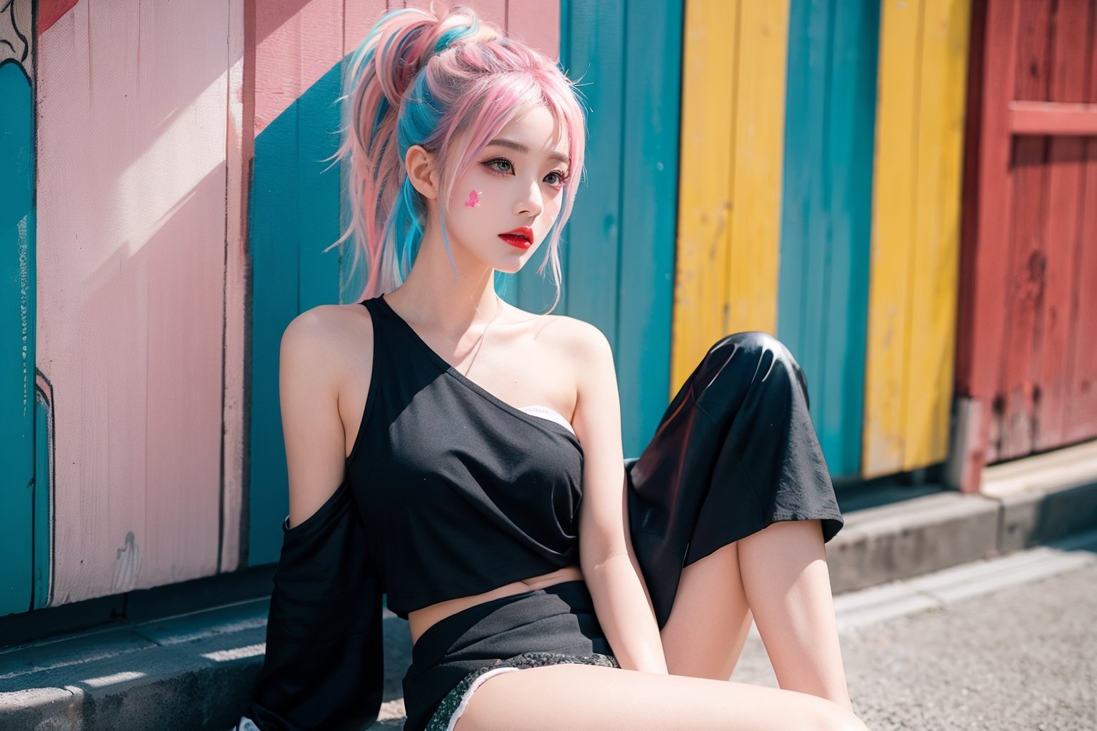 A Japanese girl, face, rainbow-colored hair, whole body, sitting on the ground, colorful hair, (half blue and half pink hair), gradient green, red lips, exquisite facial features, ink painting, colorful background, splashed ink wall, highest quality, highest Quality, smooth hair, ponytail, lively streets of Japan, masterpiece, solo, depth of field, cute girl with delicate moist skin, solo, (fog), only underwear, showing underwear, short skirt, face paint, casual Clothes, textures, shoulders, patterns, gradients, sparkling, floating clouds, exquisite CG, exquisite and beautiful facial features, gorgeous highlights, crystal clear, elegant sparks, ink flames, stunning, charming, sparkling, perfect, ultra-clear ,16k,