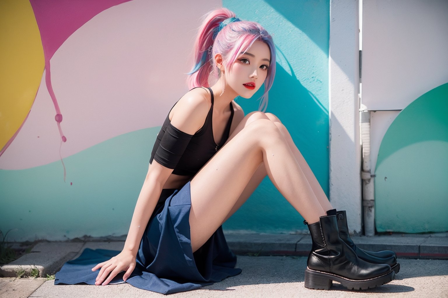 A Japanese girl, face, rainbow-colored hair, whole body, sitting on the ground, colorful hair, (half blue and half pink hair), gradient green, red lips, exquisite facial features, ink painting, colorful background, splashed ink wall, highest quality, highest Quality, smooth hair, ponytail, lively streets of Japan, masterpiece, solo, depth of field, cute girl with delicate moist skin, solo, (fog), only underwear, showing underwear, short skirt, face paint, casual Clothes, textures, shoulders, patterns, gradients, sparkling, floating clouds, exquisite CG, exquisite and beautiful facial features, gorgeous highlights, crystal clear, elegant sparks, ink flames, stunning, charming, sparkling, perfect, ultra-clear ,16k,