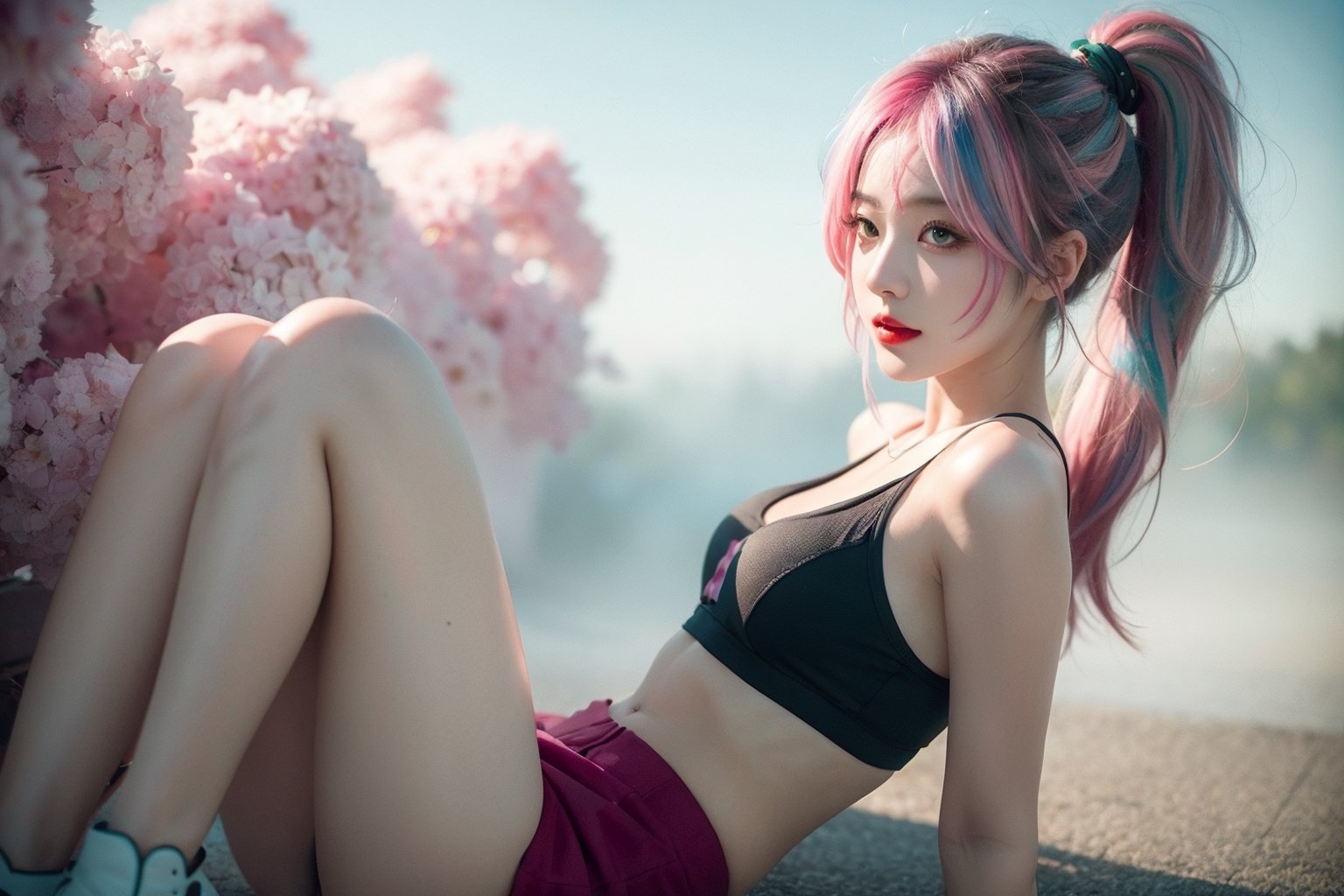 A Japanese girl, face, rainbow-colored hair, whole body, sitting on the ground, colorful hair, (half blue and half pink hair), gradient green, red lips, exquisite facial features, ink painting, colorful background, splashed ink wall, highest quality, highest Quality, smooth hair, ponytail, lively streets of Japan, masterpiece, solo, depth of field, cute girl with delicate moist skin, solo, (fog), only underwear, showing underwear, short skirt, face paint, casual Clothes, textures, shoulders, patterns, gradients, sparkling, floating clouds, exquisite CG, exquisite and beautiful facial features, gorgeous highlights, crystal clear, elegant sparks, ink flames, stunning, charming, sparkling, perfect, ultra-clear ,16k,