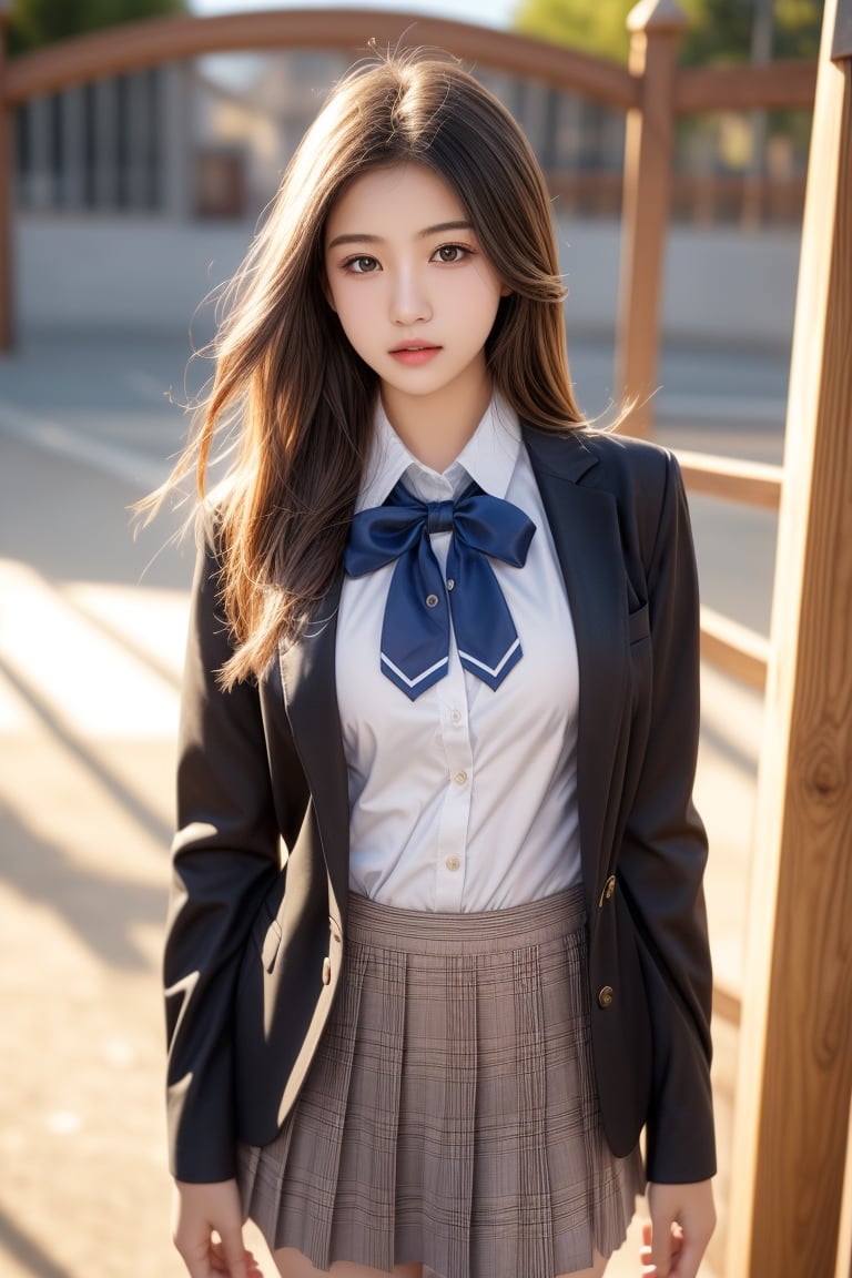 high school student,girl,school uniform(laced blouse and suit),at school gate,Best Quality, 32k, photorealistic, ultra-detailed, finely detailed, high resolution, perfect dynamic composition, beautiful detailed eyes, sharp-focus, cowboy_shot, 