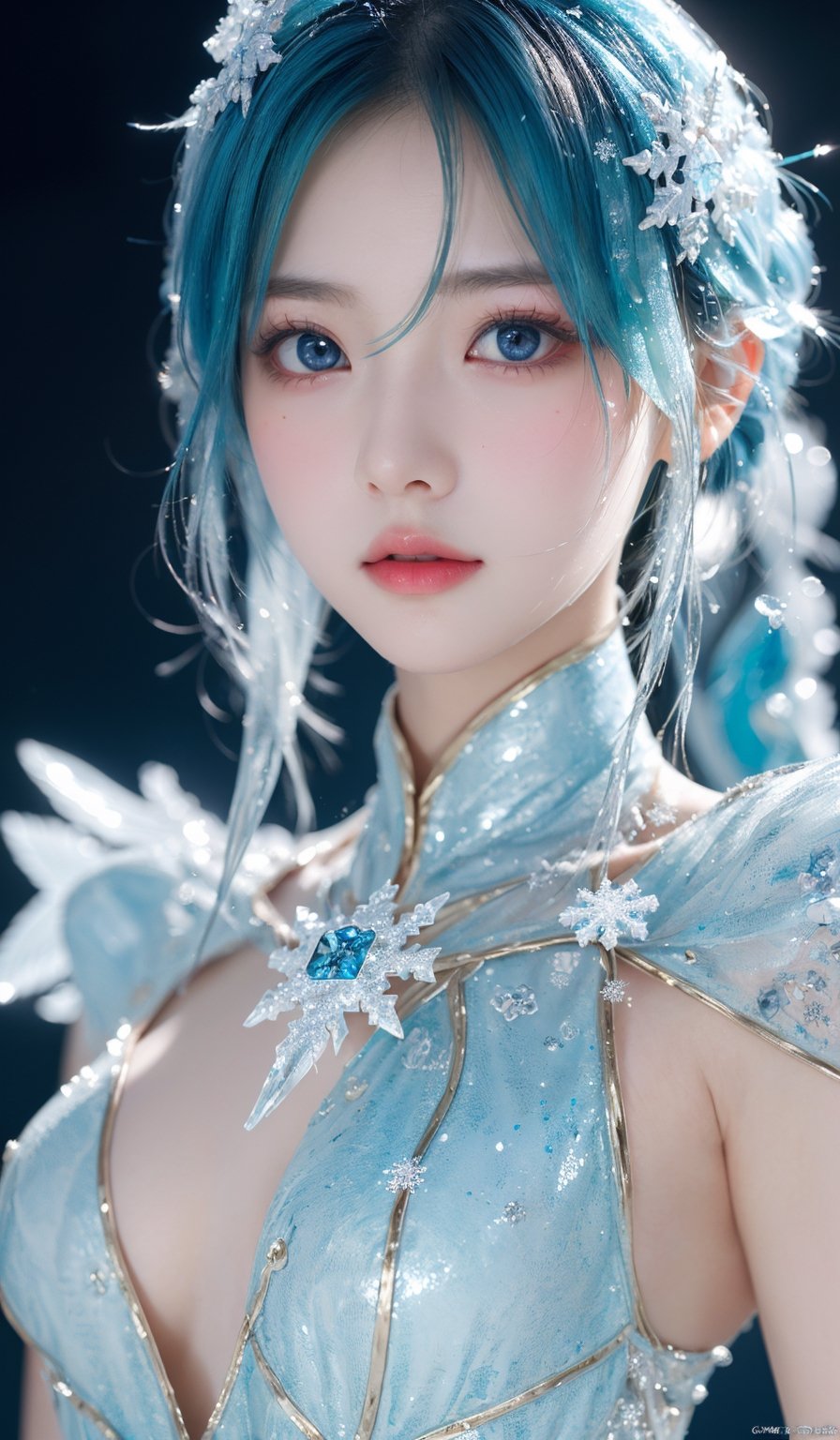  (ice:1.5), ((best quality)), ((masterpiece)), ((ultra-detailed)), extremely detailed CG, (illustration), ((detailed light)), (an extremely delicate and beautiful), a girl, solo, ((upper body,)), ((cute face)), expressionless, (beautiful detailed eyes), full breasts, (medium breasts:1.2), blue dragon eyes, (Vertical pupil:1.2), white hair, shiny hair, colored inner hair, [Armor_dress], blue_hair ornament, ice adorns hair,depth of field, [ice crystal], (snowflake), angel, (\shuang hua\), ((poakl))