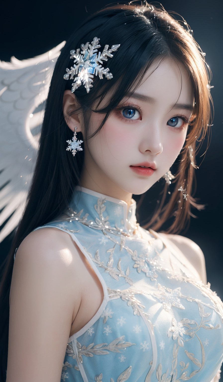  (ice:1.5), ((best quality)), ((masterpiece)), ((ultra-detailed)), extremely detailed CG, (illustration), ((detailed light)), (an extremely delicate and beautiful), a girl, solo, ((upper body,)), ((cute face)), expressionless, (beautiful detailed eyes), full breasts, (medium breasts:1.2), blue dragon eyes, (Vertical pupil:1.2), white hair, shiny hair, colored inner hair, [Armor_dress], blue_hair ornament, ice adorns hair,depth of field, [ice crystal], (snowflake), angel, (\shuang hua\), ((poakl))