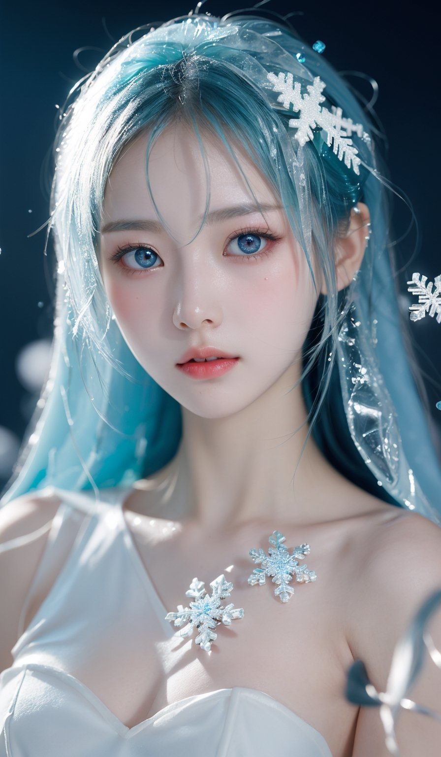  (ice:1.5), ((best quality)), ((masterpiece)), ((ultra-detailed)), extremely detailed CG, (illustration), ((detailed light)), (an extremely delicate and beautiful), a girl, solo, ((upper body,)), ((cute face)), expressionless, (beautiful detailed eyes), full breasts, (medium breasts:1.2), blue dragon eyes, (Vertical pupil:1.2), white hair, shiny hair, colored inner hair, [Armor_dress], blue_hair ornament, ice adorns hair,depth of field, [ice crystal], (snowflake), angel, (\shuang hua\), ((poakl))