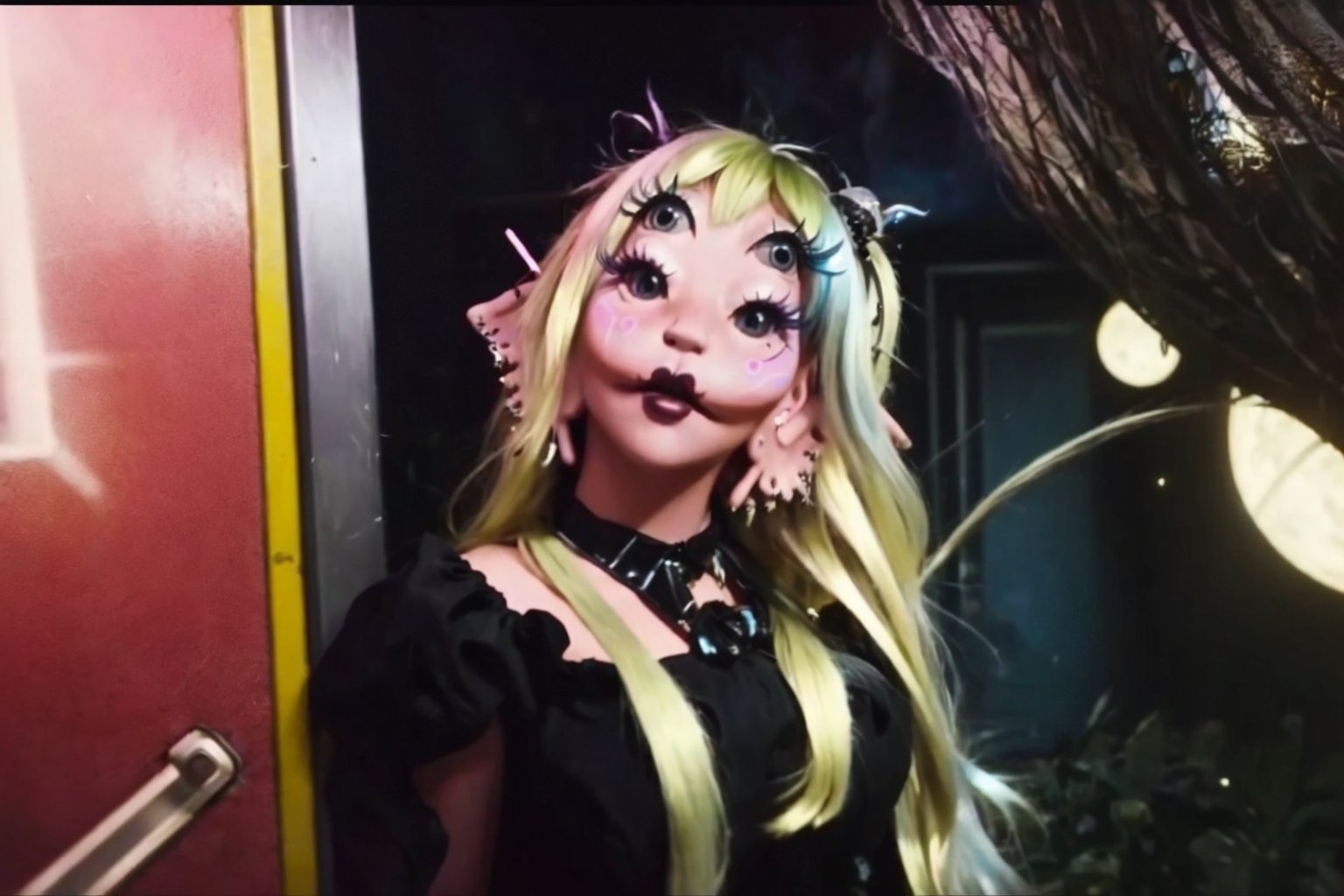 She is coming out of a door in the world,split hair with blonde on the left and black on the right,school yard, a woman, dress, pov_eye_contact, fairy, colorful, night, video clip, void melanie martinez video clip mv