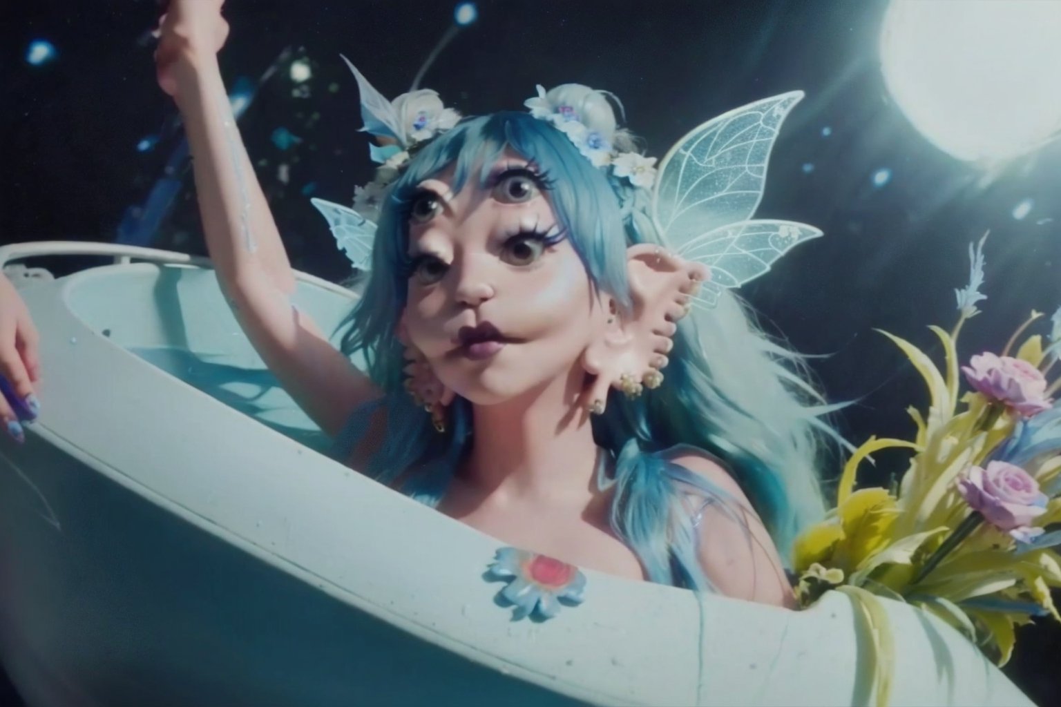 She is coming out of a seat in the world,split hair with blue on the left and black on the right, bathtub, a woman, dress, pov_eye_contact, fairy, colorful, night, video clip, soap melanie martinez video clip mv