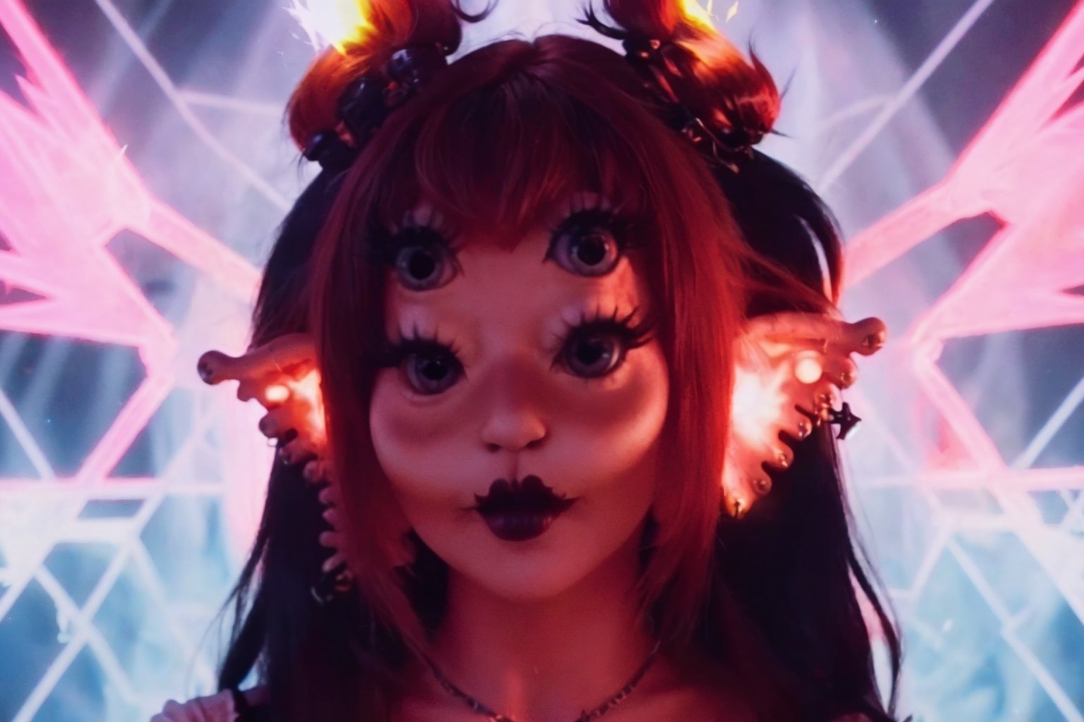 She is coming out of a pentagram in the world,split hair with fiery red on the left and black on the right, pentagram with candles , a woman, dress, pov_eye_contact, fairy, colorful, night, video clip, fire drill melanie martinez video clip mv