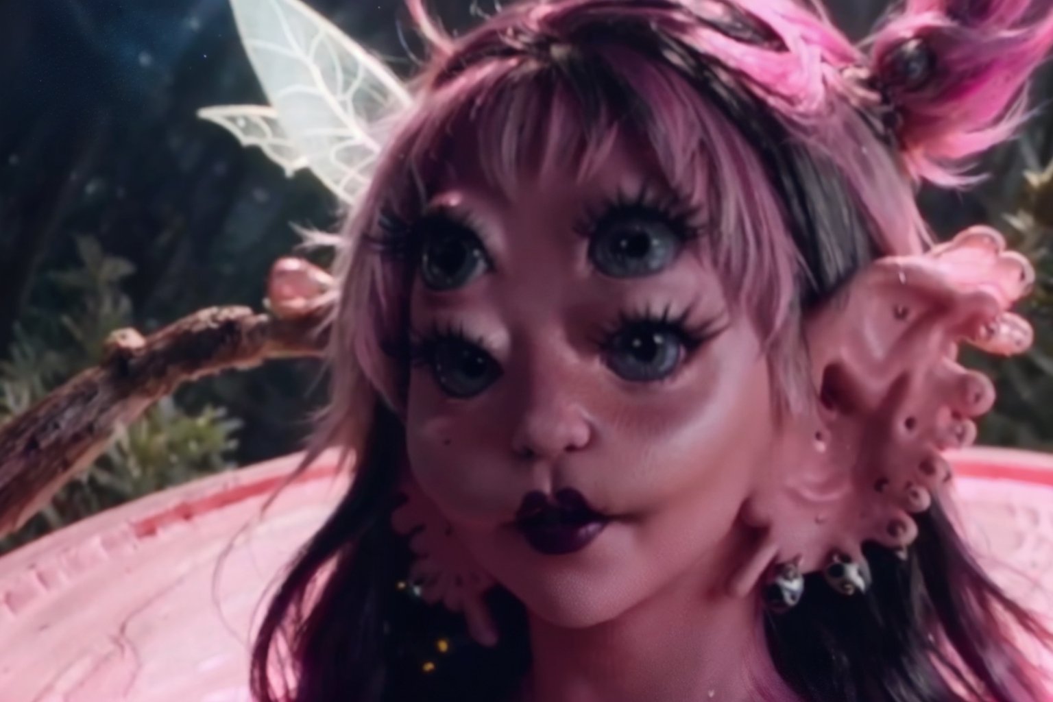 She is coming out of a box in the world,split hair with pink on the left and black on the right, swampy red forest, a woman, dress, pov_eye_contact, fairy, colorful, night, video clip, void melanie martinez video clip mv