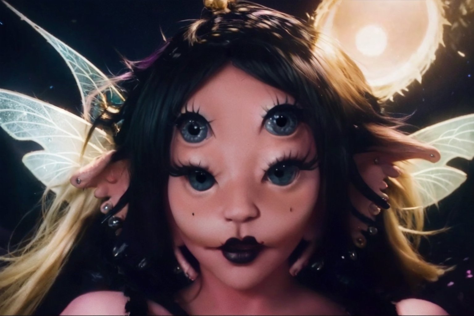 She is coming out of a deep hole in the world,split hair with blonde on the left and black on the right, black hole, a woman, dress, pov_eye_contact, fairy, colorful, night, video clip, void melanie martinez video clip mv