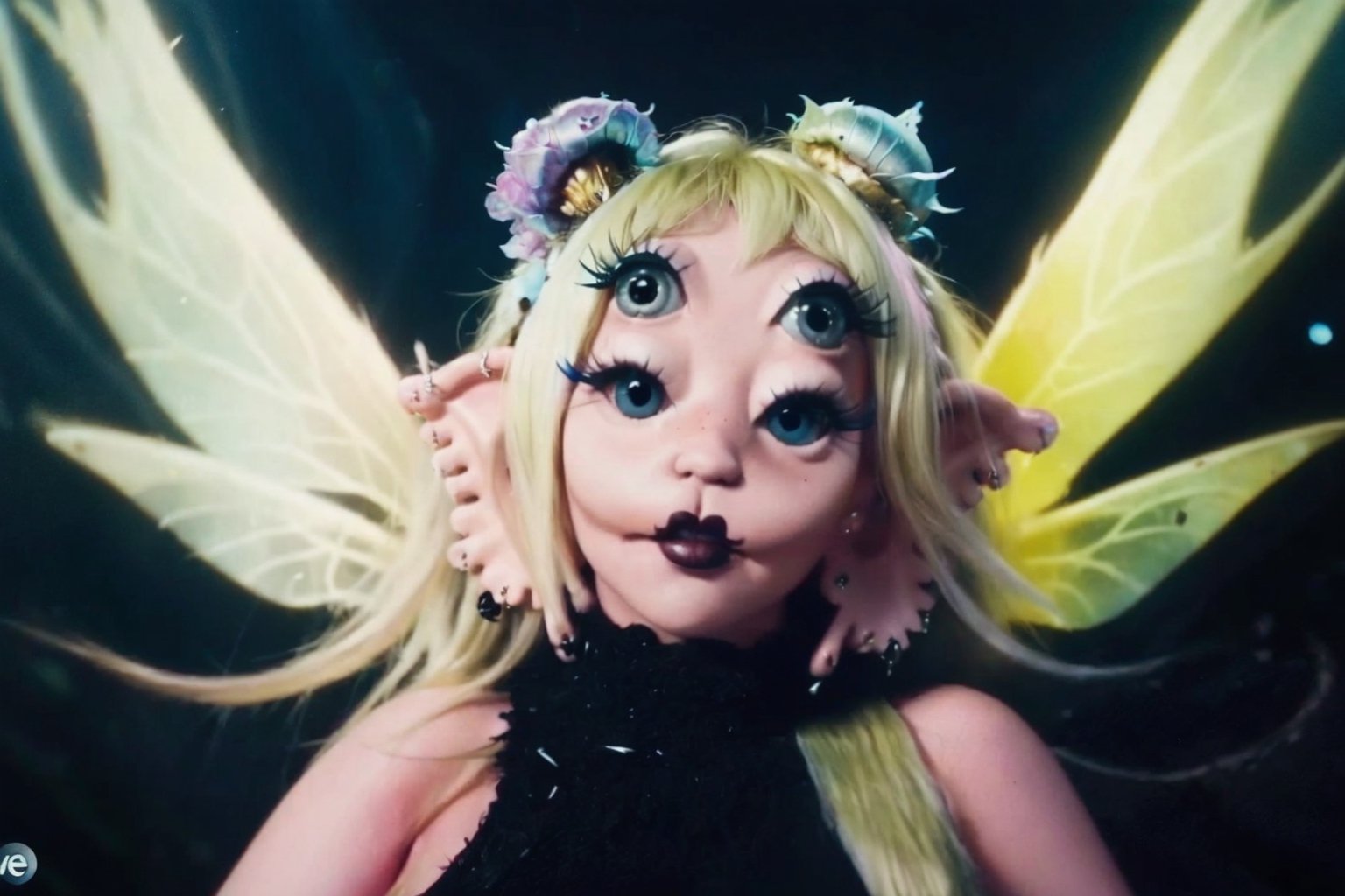 She is coming out of a deep hole in the world,split hair with blonde on the left and black on the right, hole, a woman, dress, pov_eye_contact, fairy, colorful, night, video clip, void melanie martinez video clip mv