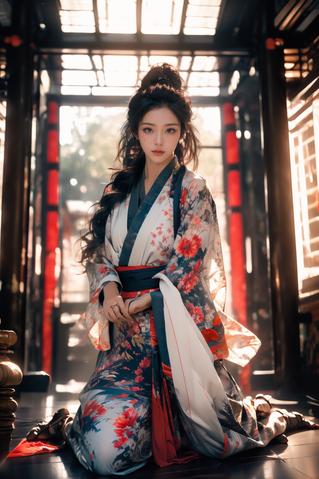 1girl, Sweet face, charming eyes{beautiful and detailed eyes}, eye smile((friendly and charming)), sexy lips, delicate facial features, seiza((model pose, sitting and kneeling on the ground)), busty body type, long hair(dark hair:1.2),  long ponytail, curly hair, Female merchant,  beautiful hanfu(blue, transparent), japan temple (inside room), morning sunshine, masterpiece, Best Quality, natural and soft light photorealistic, ultra-detailed, finely detailed, high resolution, sharp-focus, glowing forehead, perfect shading, highres, photorealistic