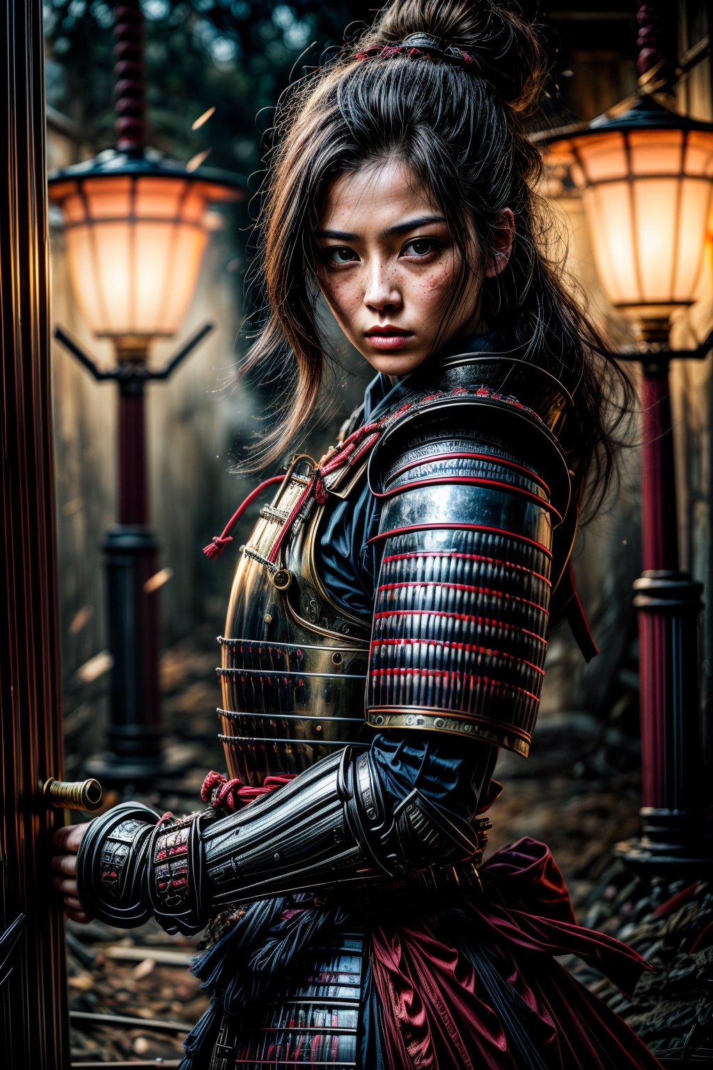 Female samurai, charming eyes, sexy lips, long hair, cool face, huge_breast, bright blue samurai armour, swinging samurai sword, battle_stance, Japan castle, war zone, collapse temple, full_body, canon shelling, explorsion, flames, bright lights, sharp focus, perfect shading, masterpiece, best quality, extremely detailed, highres, photorealistic, hand,fingers,oil painting