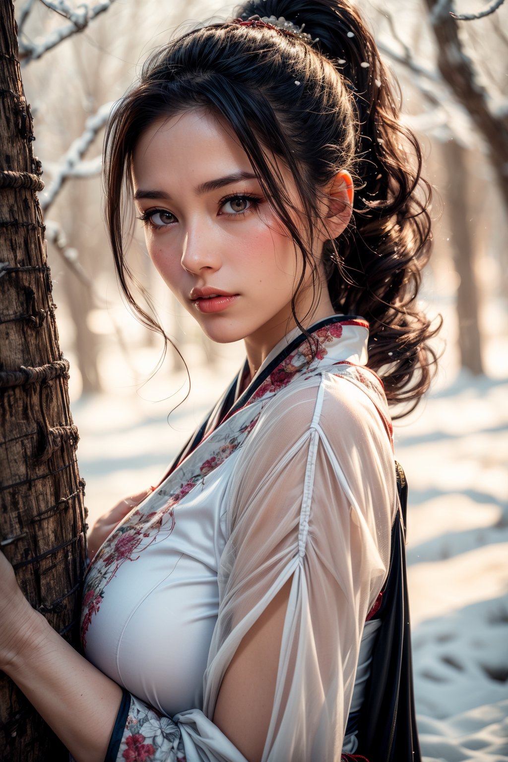 2 Mature lady{hugging each other}, Sweet face, full body, very huge breast, charming eyes, looking to audience {beautiful and detailed eyes}, eye smile, sexy lips, delicate facial features, busty body type, (dark hair:1.2),  long ponytail, curly hair, hanfu(white, transparent), winter, forest, snowing heavily, flim grain, masterpiece, Best Quality, natural and soft light photorealistic, ultra-detailed, finely detailed, high resolution, sharp-focus, glowing forehead, perfect shading, highres, photorealistic,perfect