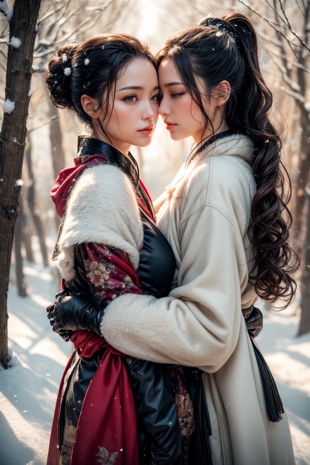 2 Mature lady{hugging and kiss each other}, Sweet face, full body, very huge breast, charming eyes{beautiful and detailed eyes}, eye smile, sexy lips, delicate facial features, busty body type, (dark hair:1.2),  long ponytail, curly hair, hanfu(white, transparent), wearing big fur hat, wearing thick gloves, wearing fur scarf, winter, forest, snowing heavily, flim grain, masterpiece, Best Quality, natural and soft light photorealistic, ultra-detailed, finely detailed, high resolution, sharp-focus, glowing forehead, perfect shading, highres, photorealistic,perfect