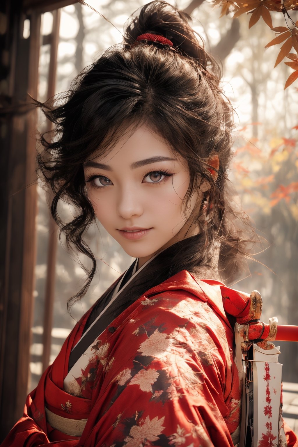 1girl, Sweet face, full body, very huge breasts, charming eyes, looking to audience, {beautiful and detailed eyes}, eye smile, ((nervous and embarrassed)), sexy lips, delicate facial features,((model pose)), Glamor body type, (dark hair:1.2),  long ponytail, curly hair, Female Samurai, {{holding a Japanese Sword}}, beautiful hanfu(red, transparent), Japan temple, autumn morning, under maple tree, (maple leaf scattered), flim grain, masterpiece, Best Quality, natural and soft light photorealistic, ultra-detailed, finely detailed, high resolution, sharp-focus, glowing forehead, perfect shading, highres, photorealistic,perfect