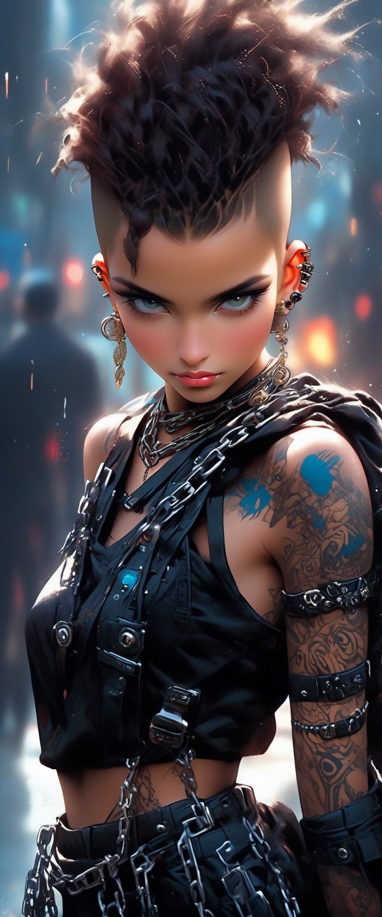 masterpiece, high_res, high quality,, epic fantasy illustration, dark colors palette, ink drawning, fiction, incredibly beautiful and attractive sexy  woman  (very detailed outfit:1.3). [cyberpunk punk, half shaved head, undercut, earrings prisoser, leather outfitt, chains]. Dark and gothic. (detailed hair, detailed eyes, detailed hair:1.3) ,#Anime, , 