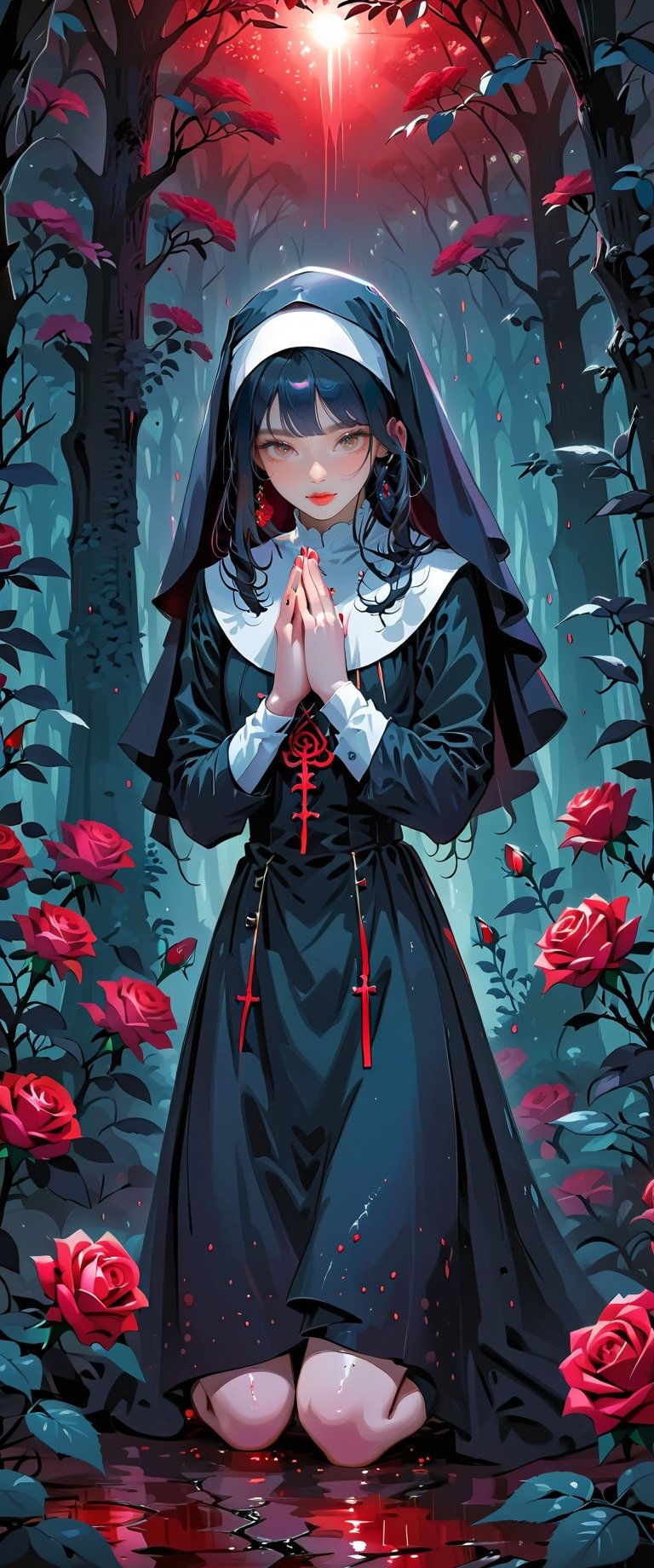 masterpiece, {{illustration}} 1 girl, full body, serene face, calm, black nun's dress, headband of red roses, poisonous roses, praying, inherited by thorny brambles, in front of rose bushes with red roses, scarlet dragon in the background in the middle of a forest. (sweaty:1.1), , 