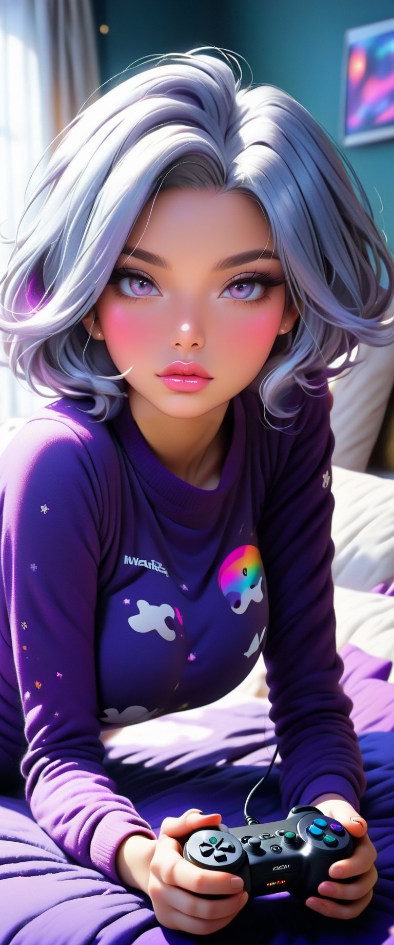 (masterpiece), 1girl, silver hair, medium hair, multicolored hair, purple eyes, medium breasts, long sleeves, indoor, bed, game console, monitor, game controller print, game controller,game controller print