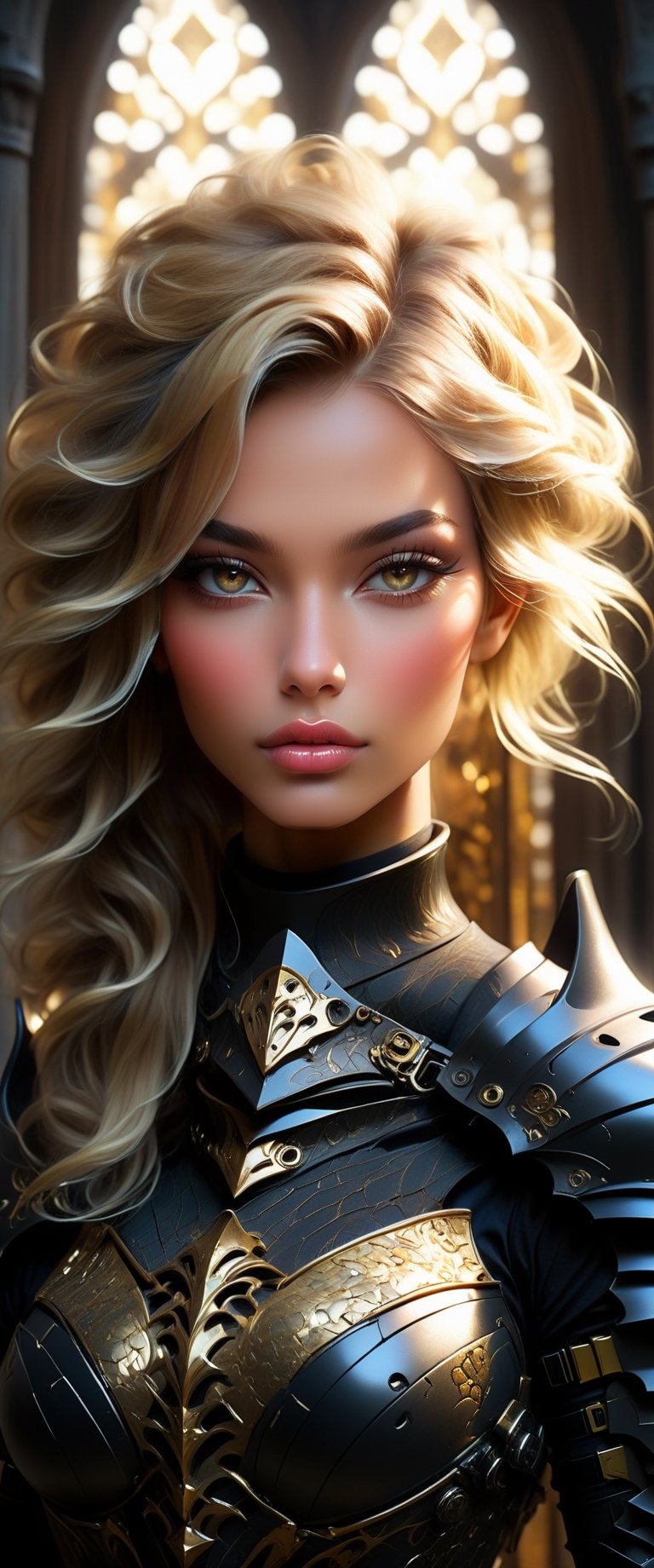 masterpiece, ultra quality, realistic, ultra detailed, high_res, 8K, dark colors palette, wallpaper, create: beautiful woman, the paladin in wold of the future. Fusion medieval armor style with futuristic elements, black armor with gold intricate ornament, blonde hair, nordic facial features, bright gold eyes, futuristic background, trending on artstation, scifi, science fiction, dynamic compostion, augmented reality surprises, pictured by Benedick Bana, ,more detail XL,Mecha,photo r3al
