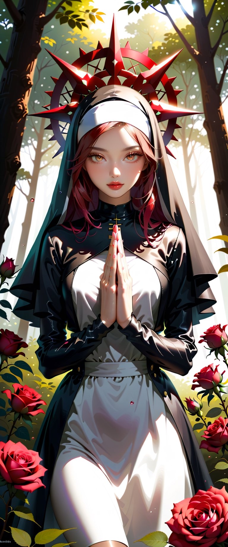 masterpiece, {{illustration}} 1 girl, full body, serene face, calm, black nun's dress, headband of red roses, poisonous roses, praying, inherited by thorny brambles, in front of rose bushes with red roses, scarlet dragon in the background in the middle of a forest. (sweaty:1.1),,