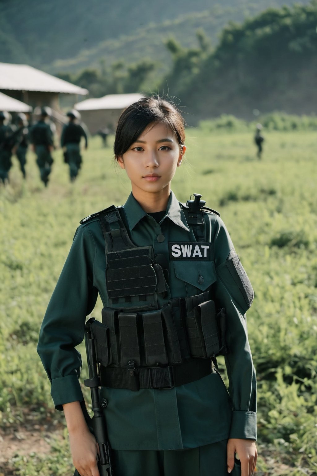 Medium shot of a girl wear swat uniform in the war field