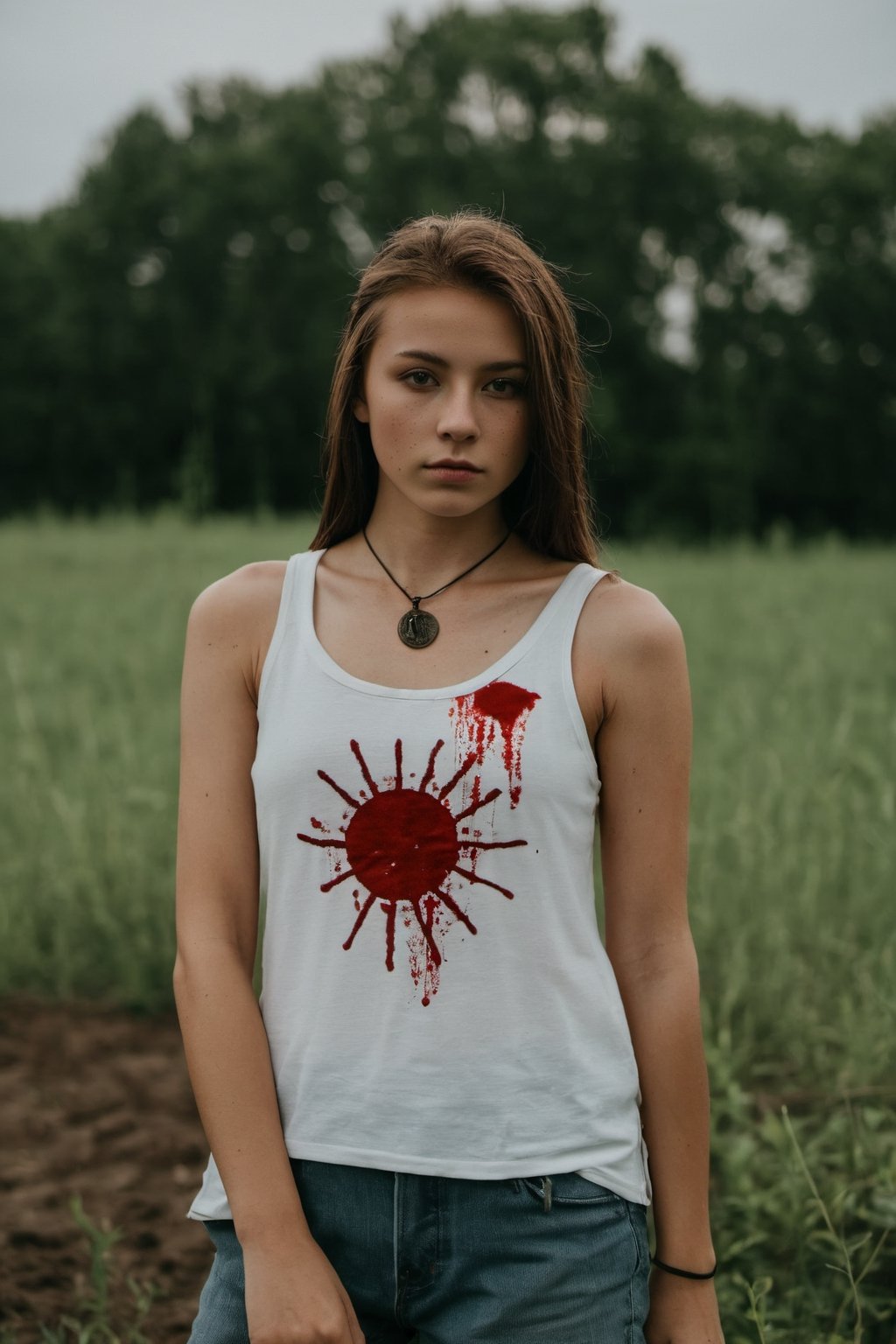 Medium shot of a girl wear tanktop wity blood in the war field