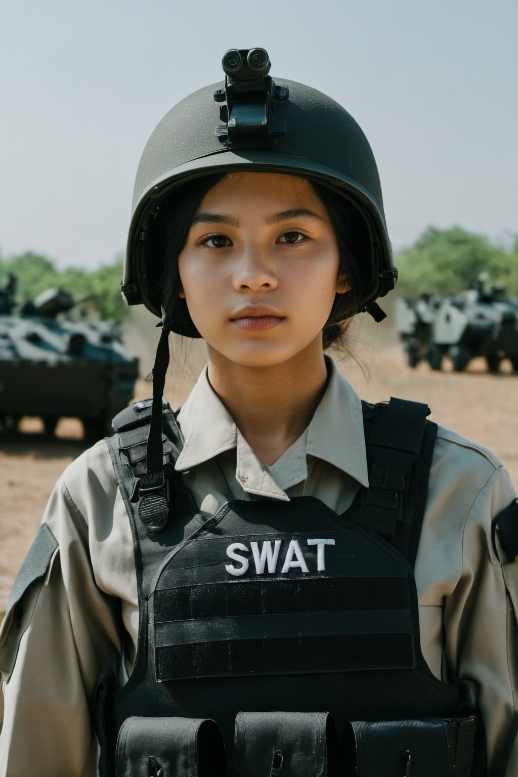 Medium shot of a girl wear swat uniform in the war field