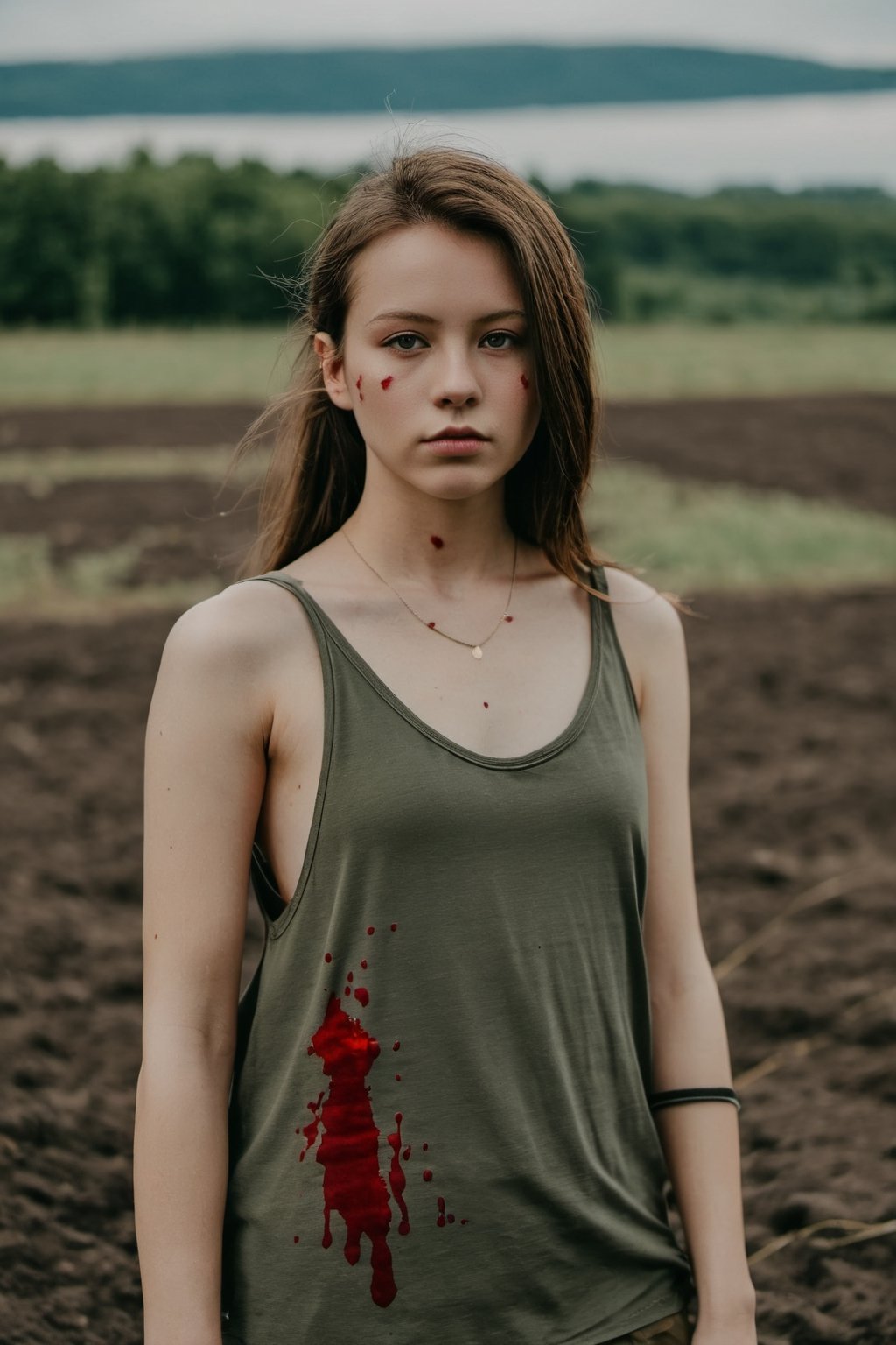 Medium shot of a girl wear tanktop wity blood in the war field