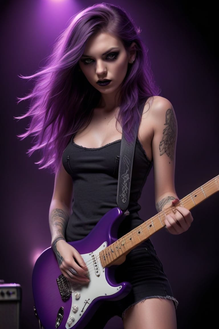 Stunningly beautiful girl playing a violet electric Stratocaster guitar during a live performance, hypnotic eyes, wavy long violet hair, tattoos, black short jeans, ripped top, heavy makeup, windy stage, blurred background spotlights and Marshall amplifiers, intense, dramatic, sensual, provocative, fantasy, cinematic, 3d art, ultra-detailed.
,<lora:659095807385103906:1.0>