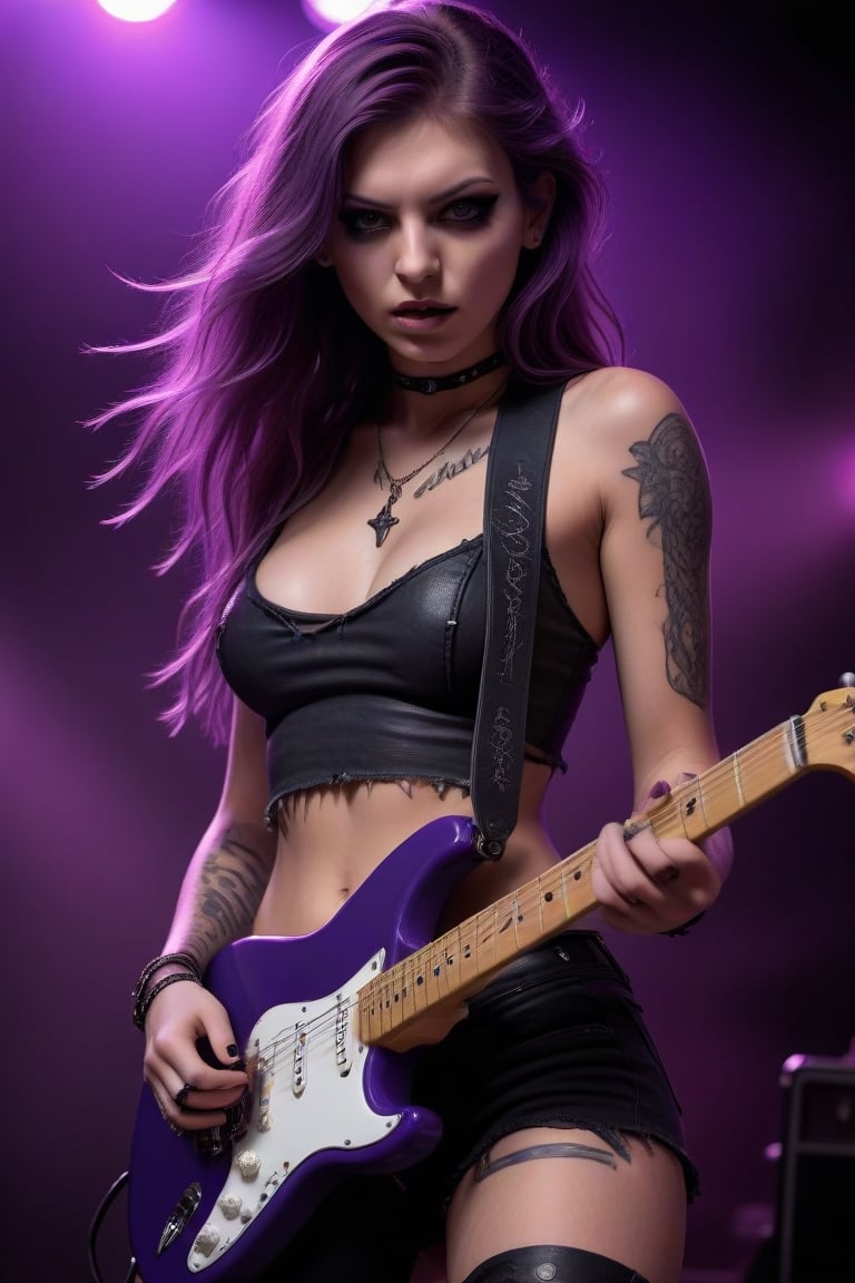 Stunningly beautiful girl playing a violet electric Stratocaster guitar during an intense live performance, hypnotic eyes, wavy long violet hair, sweaty face and body, tattoos, black short jeans, ripped top bikini, heavy makeup, gothic necklace, windy stage, blurred background spotlights and Marshall amplifiers, intense, dramatic, sensual, provocative, fantasy, cinematic, 3d art, ultra-detailed.
,<lora:659095807385103906:1.0>