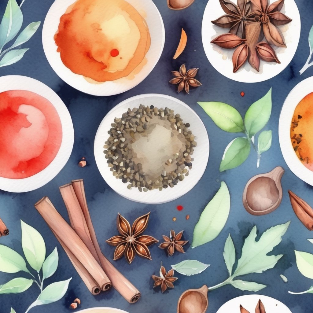 Spices on the table,bright colors, watercolor, cute