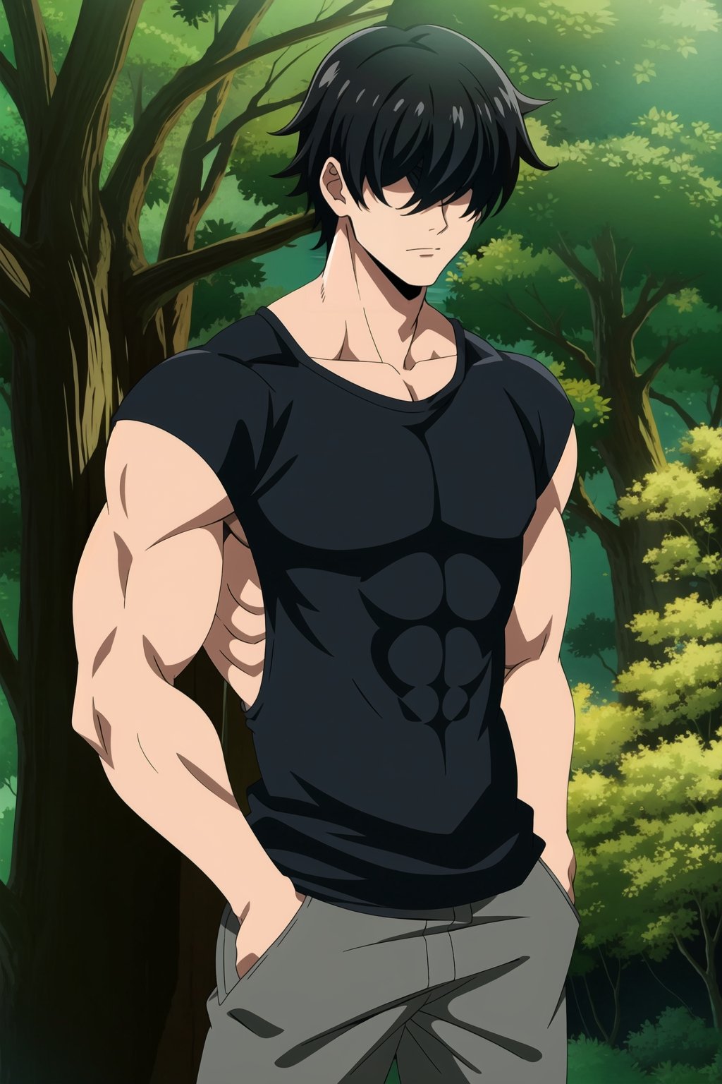 solo, looking _at_viewer, short hair, bangs, shirt, black hair, 1boy, detalied_background, short sleeves, male focus, Solo, looking at viewer, smile, short hair, bangs, shirt, black hair, 1boy, short sleeves, male focus, pants, black shirt, muscular, scar, abs, pectorals, muscular male, scar on face, hands in pockets, tight, covered abs, tight shirt, fushiguro toji, muscular male, black shirt, hands_in_pockets, Hair over eyes , nanatsu_no_taizai_style, hair over eyes, Hair over eyes, no_eyes, forest, tank_top, :), very Messy hair style,