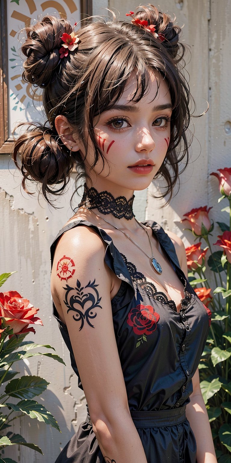 dal-1, 1girl, solo, looking at viewer, short hair, black hair, hair ornament, dress, closed mouth, jewelry, twintails, brown eyes, upper body, flower, heart, frills, parted lips, blunt bangs, hair flower, necklace, hair bun, black dress, eyelashes, clothing cutout, tattoo, double bun, makeup, border, rose, facial mark, portrait, cross, red flower, white border, red background, lace, red rose, red lips, red theme, heart tattoo, heart facial mark ,CONCEPT_irezumi_YakuzaTattoo_ownwaifu,score_9