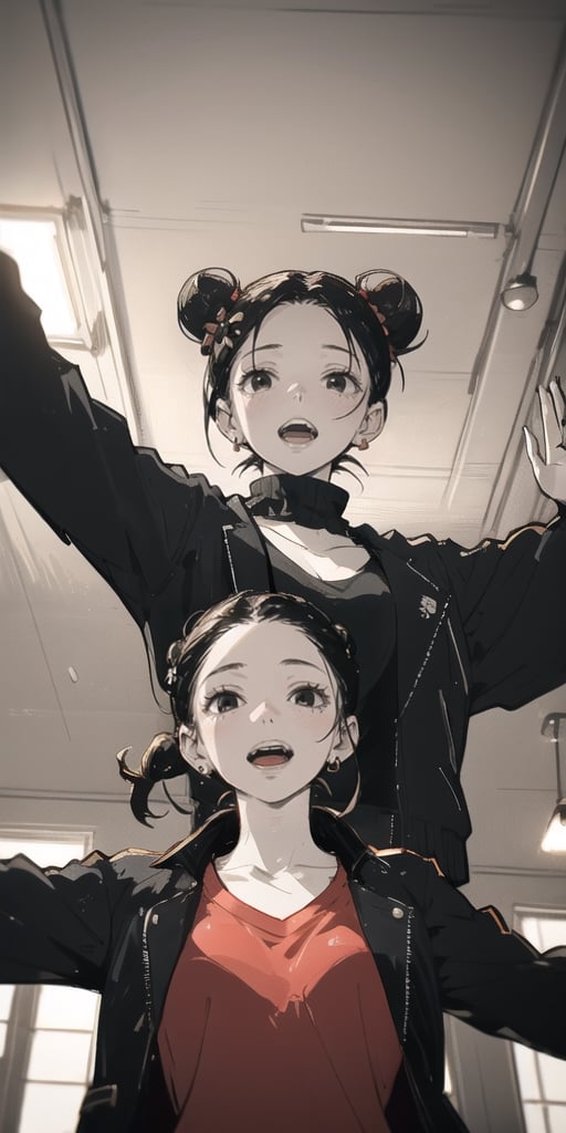 1girl, solo, looking at viewer, open mouth, shirt, black hair, hair ornament, jewelry, jacket, upper body, earrings, teeth, indoors, hair bun, black eyes, lips, black jacket, double bun, upper teeth only, from below, outstretched arms, red shirt, forehead, ceiling, ceiling light