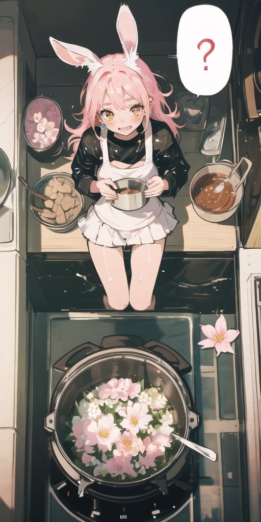 //quality, masterpiece,high_resolution, detailed, ((high quality)),,//character, ((1girl)), ,(rabbit_girl|white rabbit_ears|pink hair|red eyes),long hair, white school_swimsuit,((speech_bubble|,?,???,|question_mark|)),//,(, ,large cooking_pot,flower,flowers in the pot,holding pot),// (panicking),wet,wet_hair, (scared), cold sweat,nervous,// background, ((room, indoor)),more detail XL,aesthetic,((,from_above,viewed_from_above,))