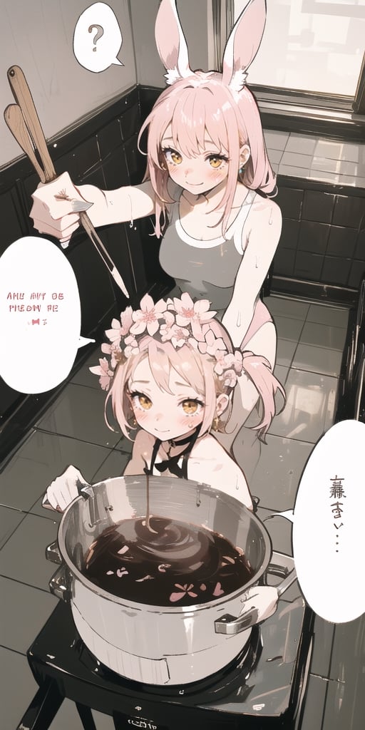 //quality, masterpiece,high_resolution, detailed, ((high quality)),,//character, ((1girl)), ,(rabbit_girl|white rabbit_ears|pink hair|red eyes),long hair, white school_swimsuit,((speech_bubble|,?,???,|question_mark|)),//,(, ,large cooking_pot,flower,flowers in the pot,holding pot),// (panicking),wet,wet_hair, (scared), cold sweat,nervous,// background, ((room, indoor)),more detail XL,aesthetic,((,from_above,viewed_from_above,))