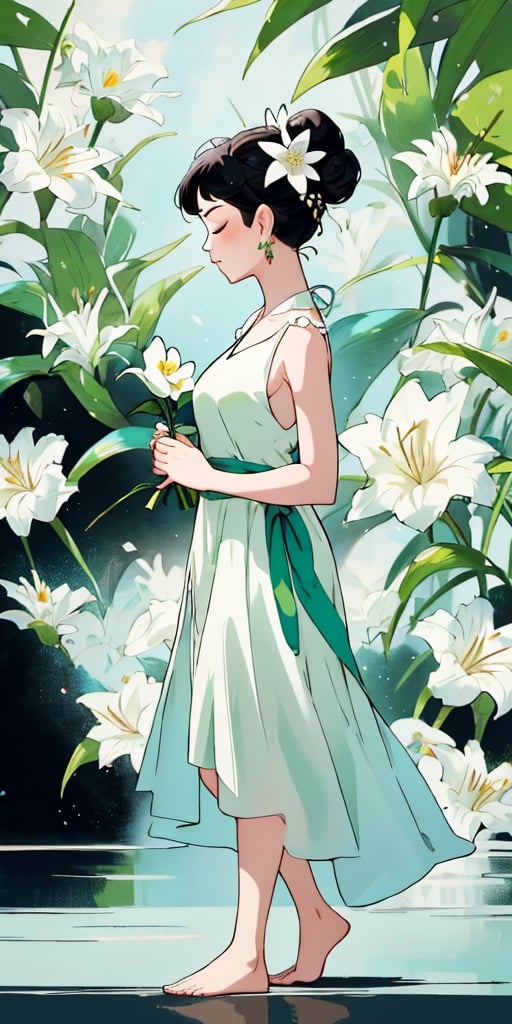 1girl, solo, black hair, hair ornament, dress, holding, jewelry, standing, full body, closed eyes, flower, earrings, barefoot, sleeveless, hair bun, from side, profile, single hair bun, white flower, green dress, long dress, holding flower, lily \(flower\),breasts,dragonbaby,front-tie bikini