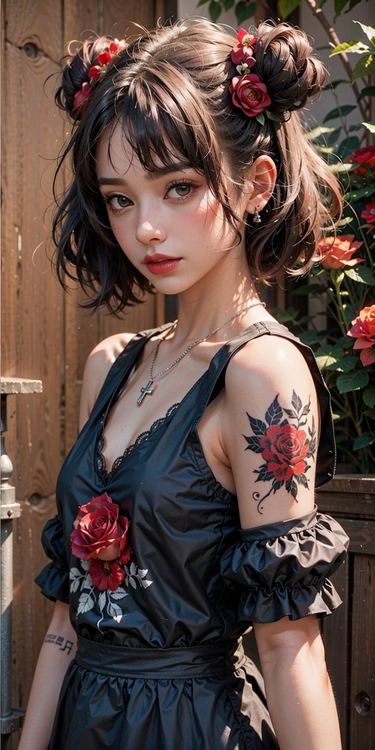 dal-1, 1girl, solo, looking at viewer, short hair, black hair, hair ornament, dress, closed mouth, jewelry, twintails, brown eyes, upper body, flower, heart, frills, parted lips, blunt bangs, hair flower, necklace, hair bun, black dress, eyelashes, clothing cutout, tattoo, double bun, makeup, border, rose, facial mark, portrait, cross, red flower, white border, red background, lace, red rose, red lips, red theme, heart tattoo, heart facial mark ,CONCEPT_irezumi_YakuzaTattoo_ownwaifu,score_9