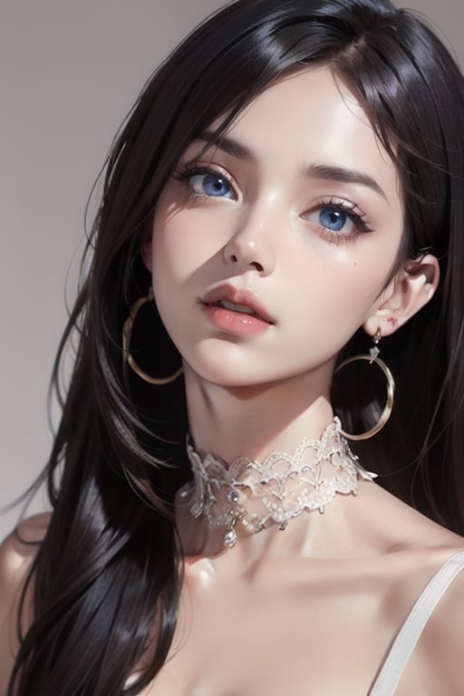 1girl, solo, long hair, looking at viewer, blue eyes, black hair, jewelry, collarbone, earrings, parted lips, choker, lips, head tilt, portrait, lace, hoop earrings, red lips, white choker