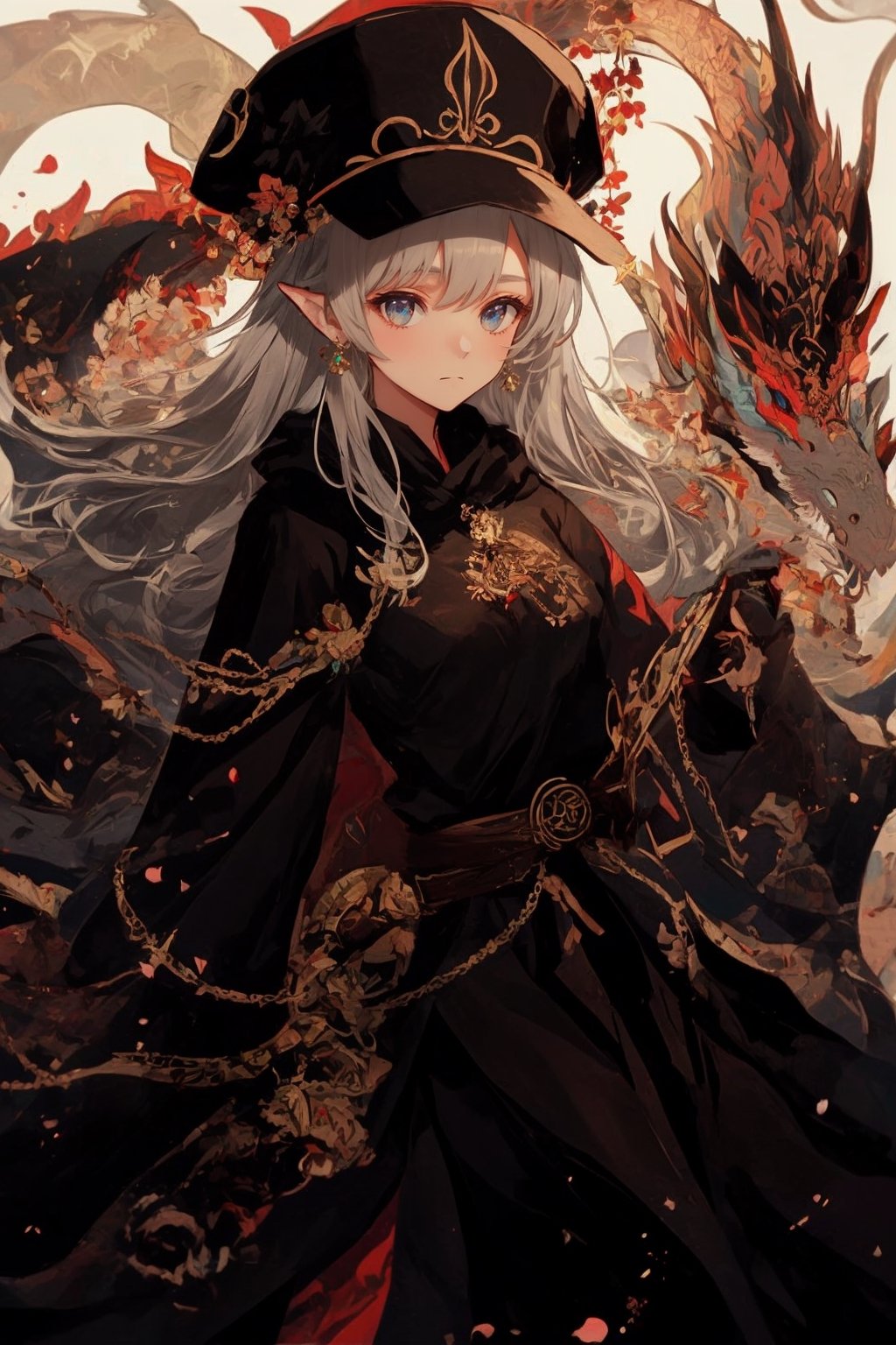 Beautiful woman with long silver hair on gray background in brilliant light room. Wearing a hat and smiling, black top, girl, cloak body, two-dimensional, female swordsman, dragon girl,2D