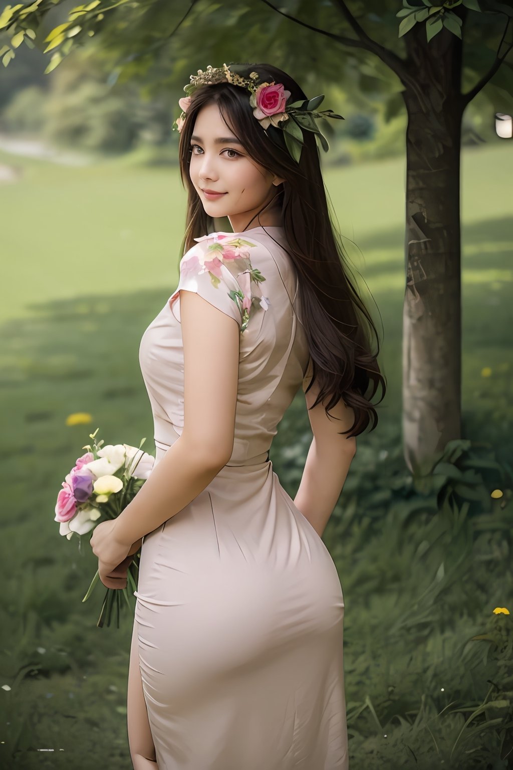 1girl, solo, long hair, looking at viewer, smile, brown hair, black hair, hair ornament, dress, brown eyes, ass, flower, outdoors, looking back, hair flower, from behind, tree, lips, grass, pink dress, bouquet, realistic,Sexy Pose