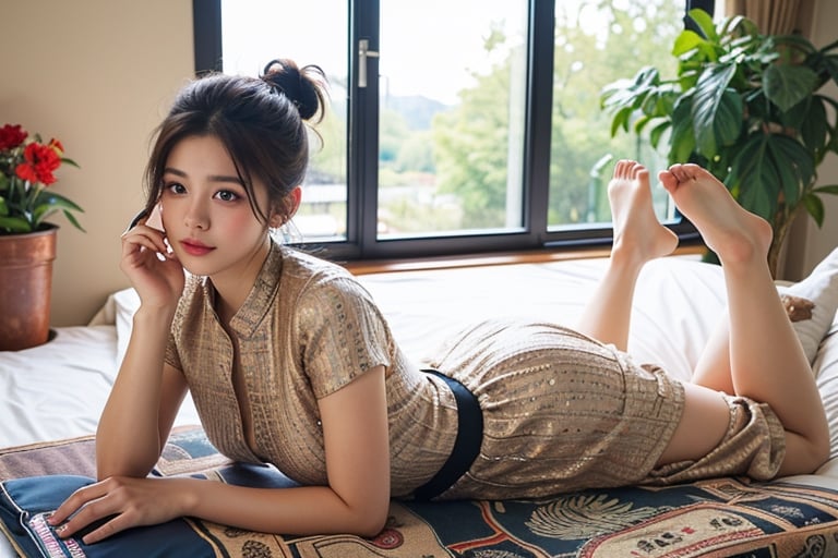 1girl, solo, long hair, brown hair,((acmm ss outfit dress)), laying_down, indoors, from behind, pillow, window, bed, arm support, bed, curtains, red dress,